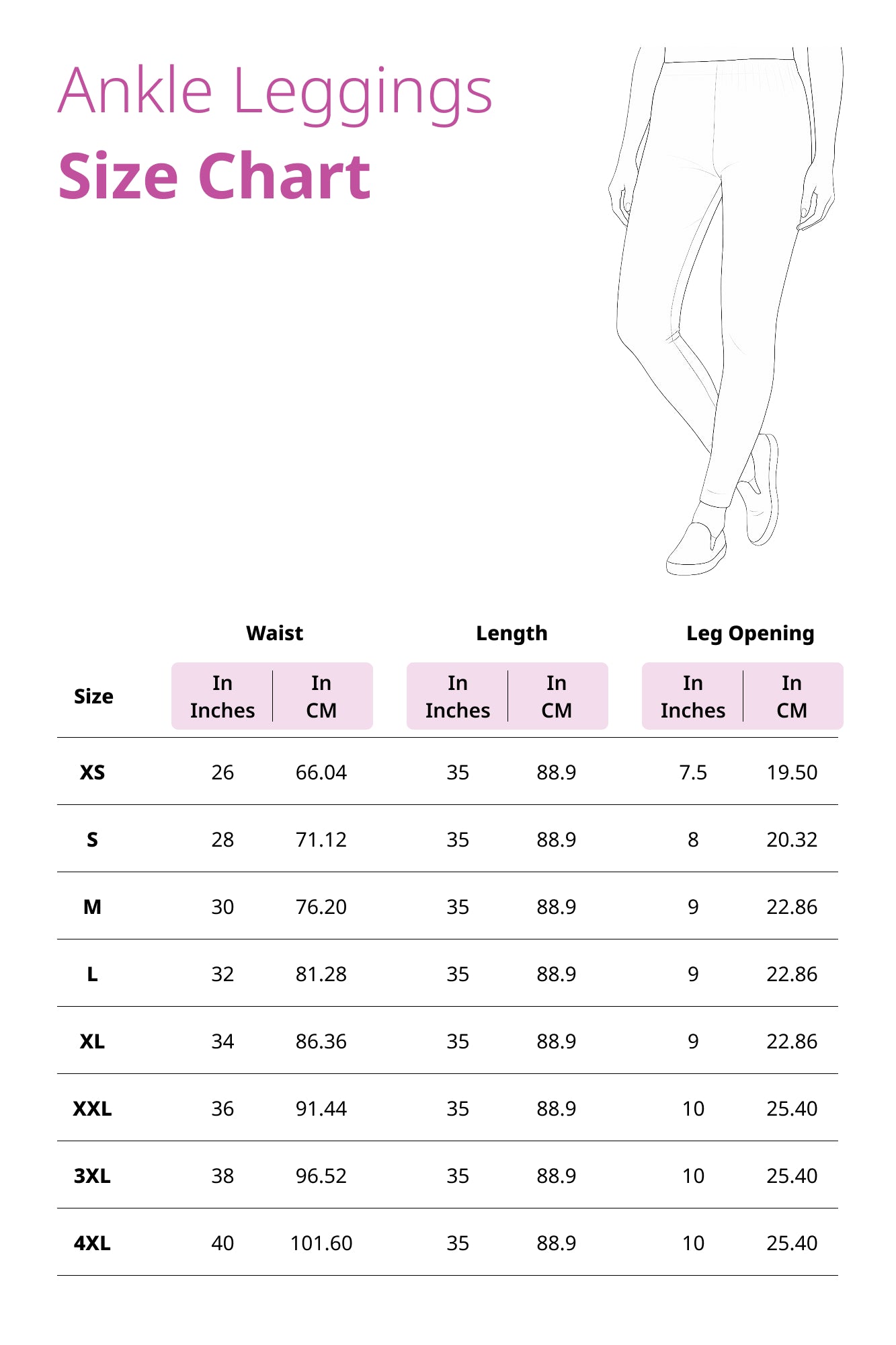 Size chart for Ankle Length Leggings For Girls & Women
