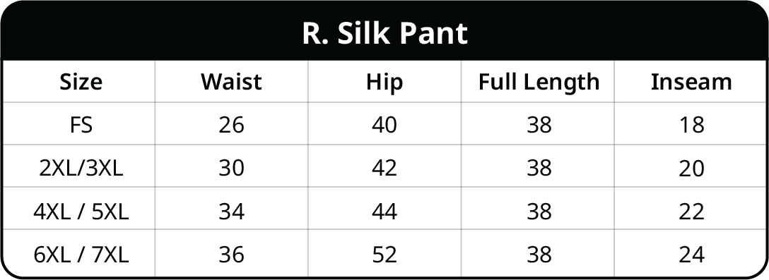 Size chart for Rayon Silk Pants Collection