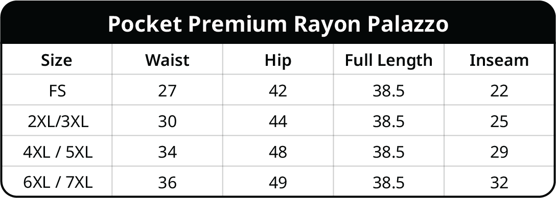 Size chart for Premium Rayon Palazzo for Women