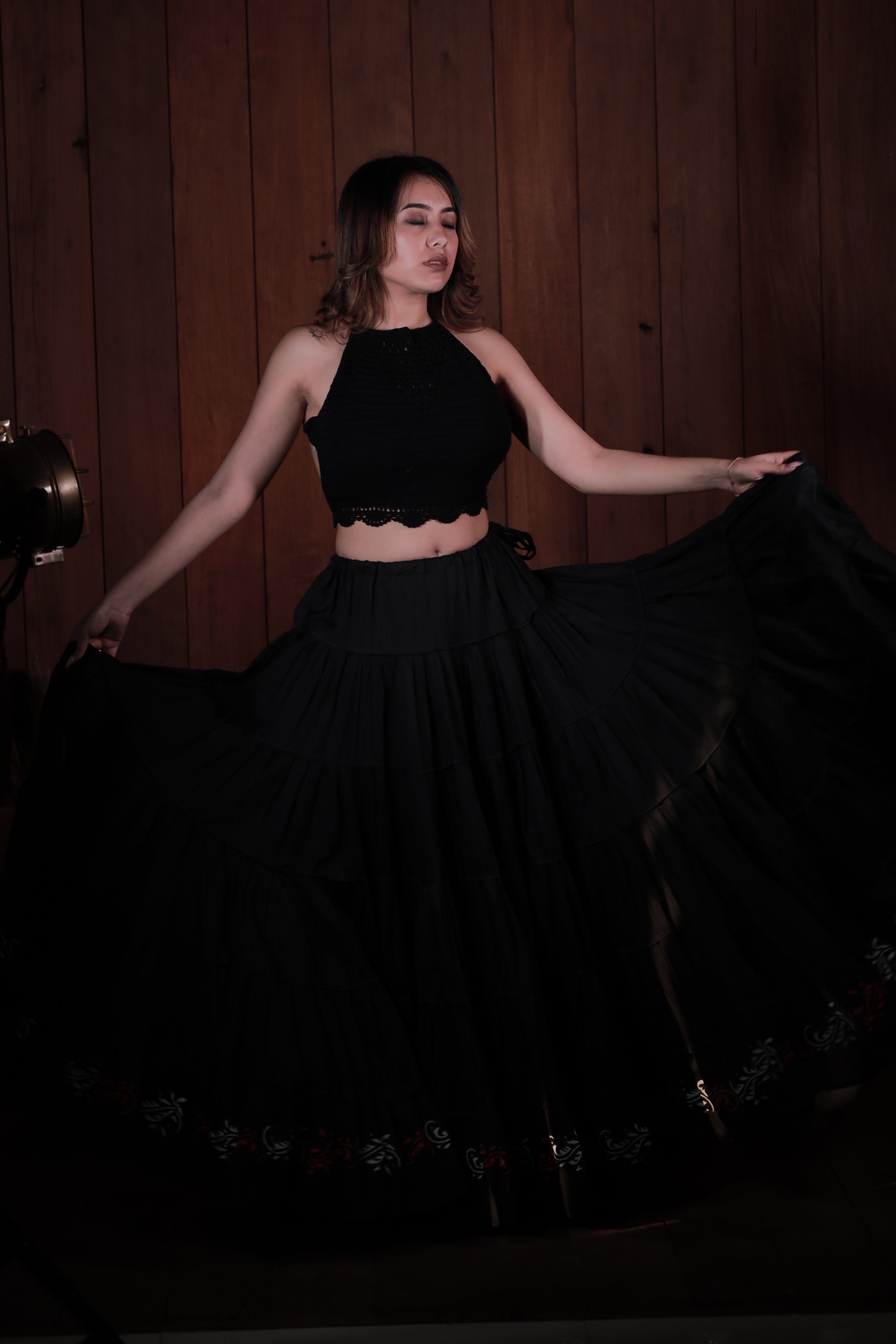 Black Block Print 20Mtr Cotton Skirt