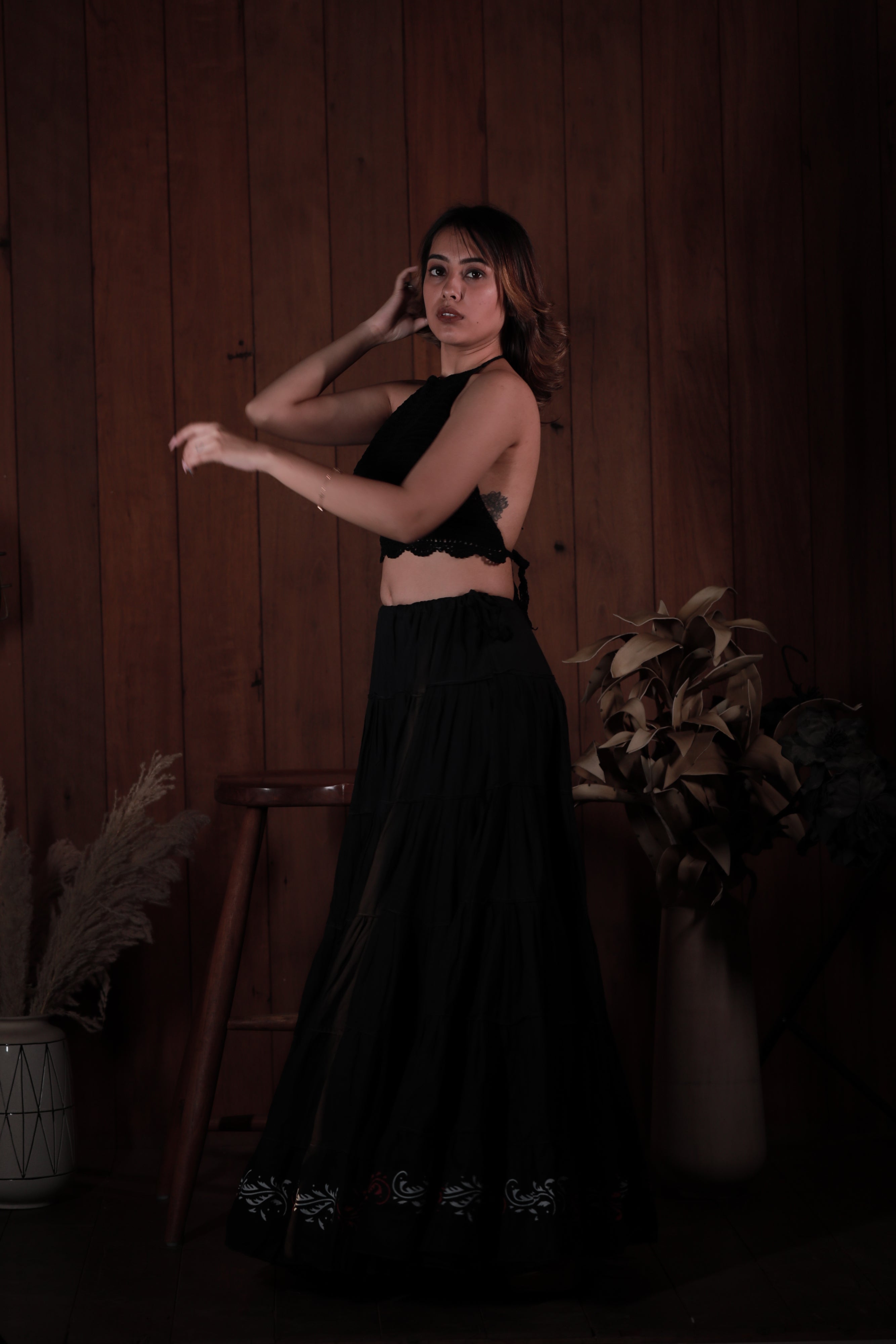 Black Golden Block Print 20Mtr Skirt