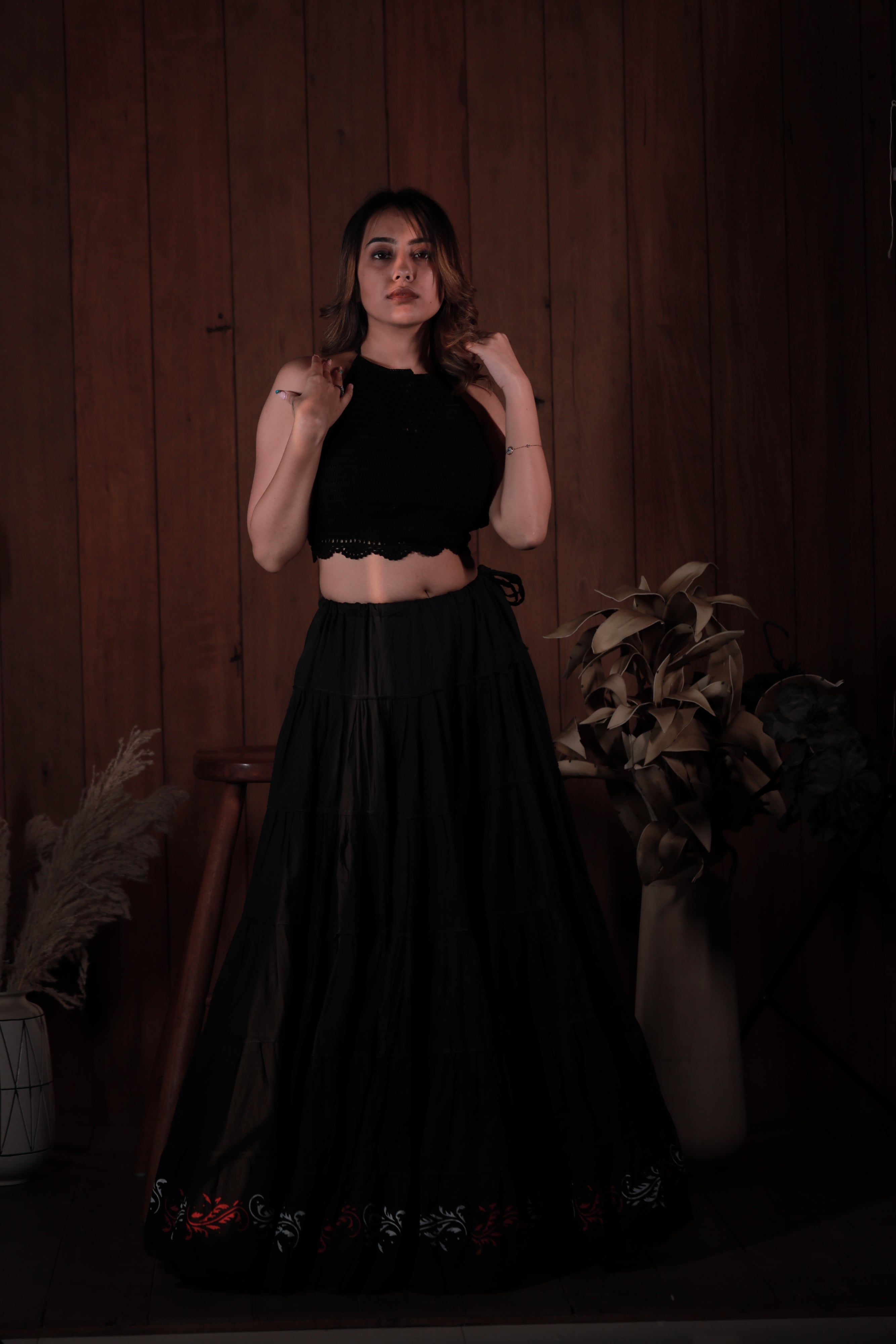 Black Block Print 20Mtr Cotton Skirt