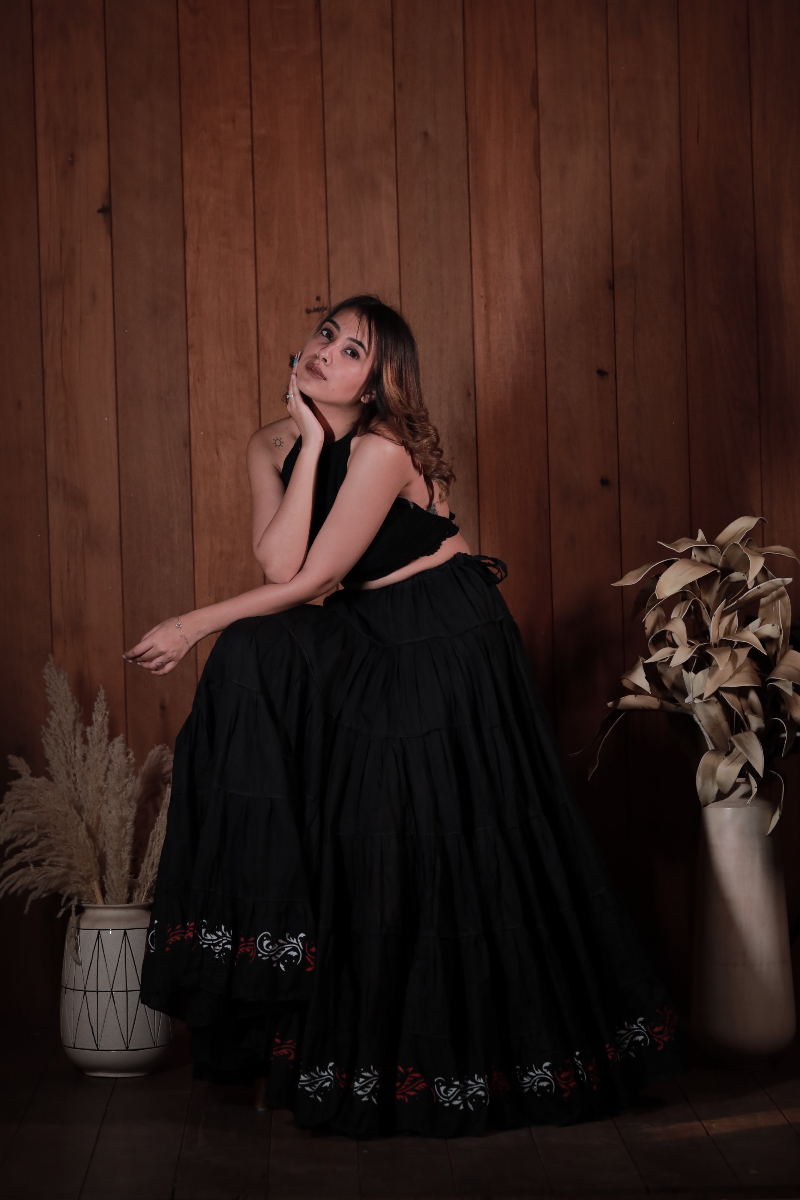 Buy Black Golden Block Print 20Mtr Skirt Online | Fabrika16