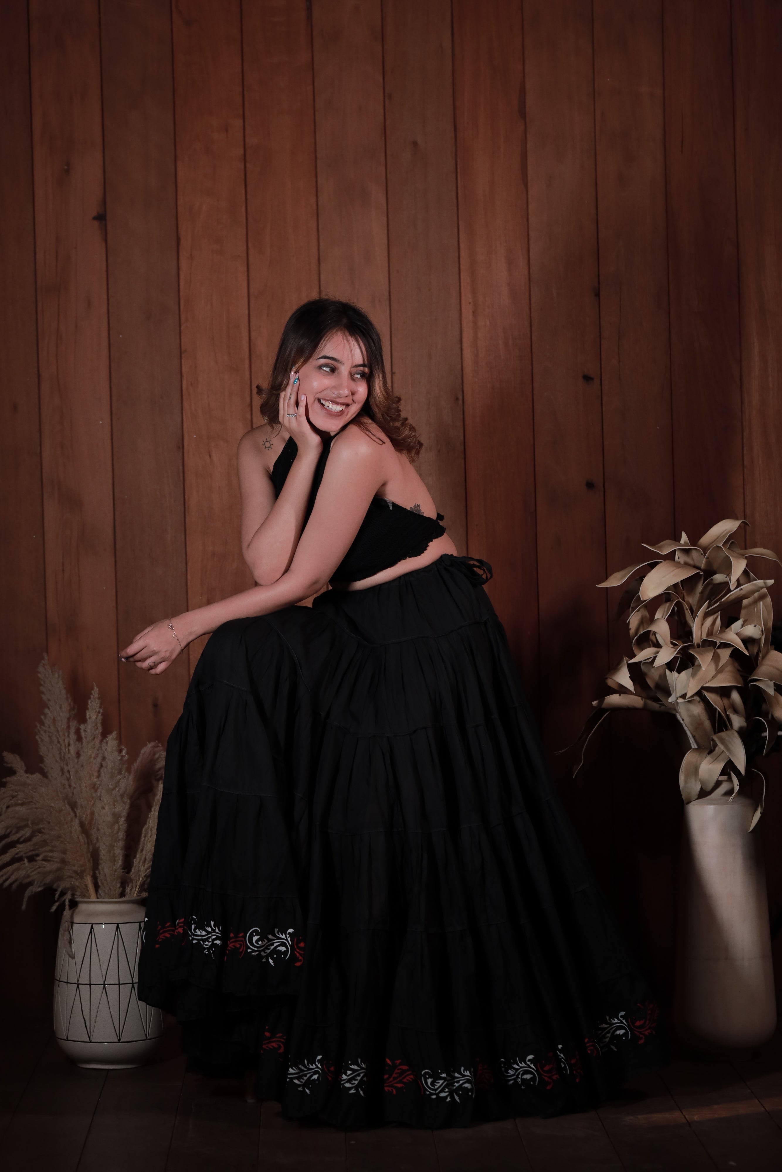 Black Block Print 20Mtr Cotton Skirt
