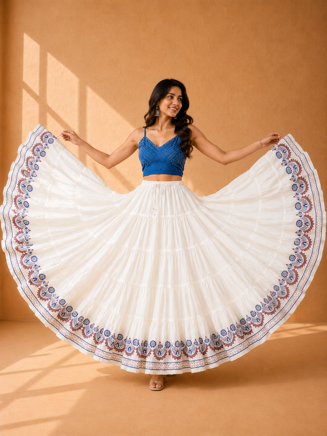 Cream Block Print 20Mtr Cotton Skirt