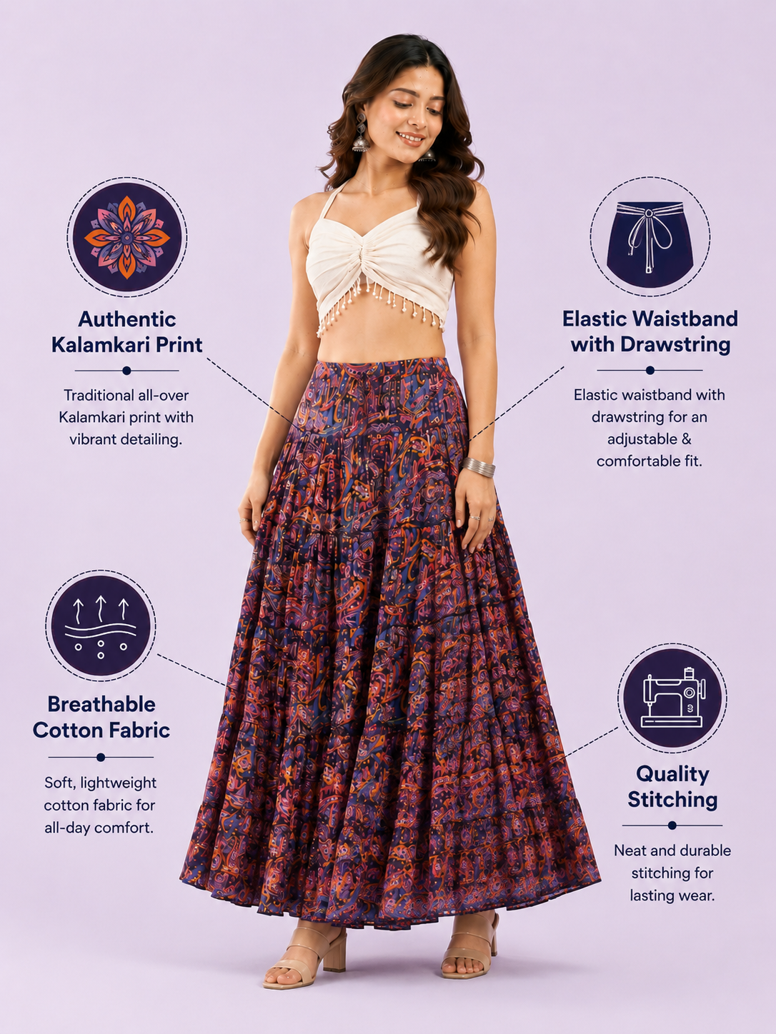 Multi Cotton Kalamkari Print - 6777 Skirt