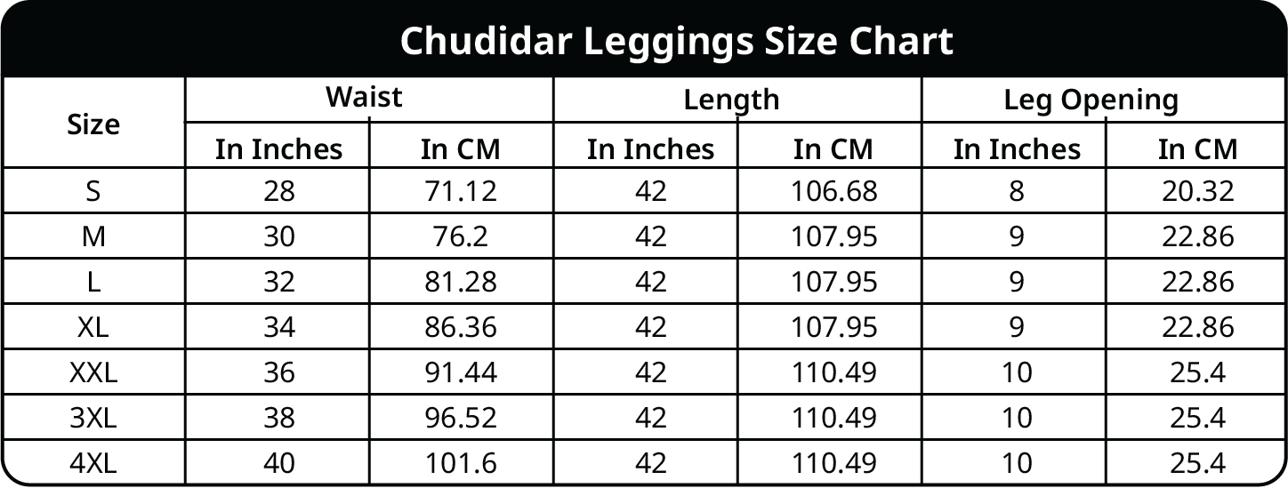 Size chart for Chudidar Leggings