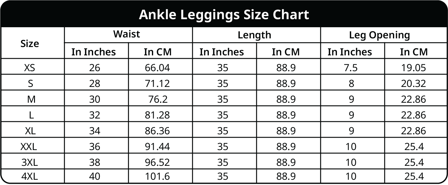 Size chart for Ankle Length Leggings For Girls & Women