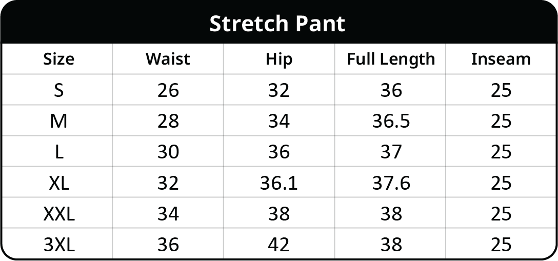 Size chart for Stretch Pants For Women
