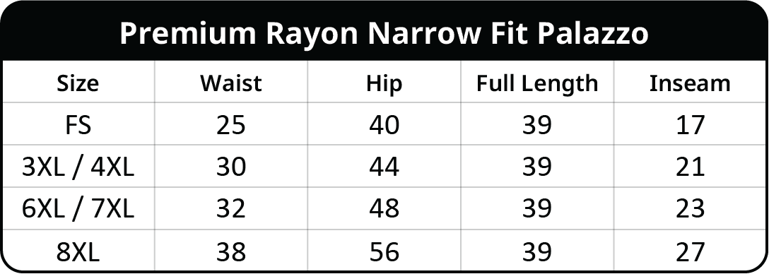 Size chart for Rayon Narrow Pants for Women