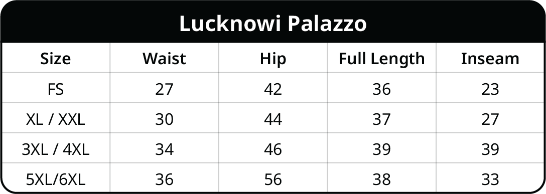 Size chart for Lucknowi Palazzo for Women