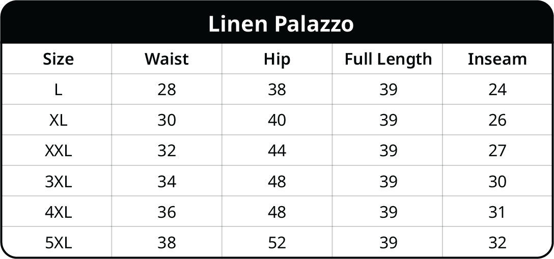 Size chart for Linen Palazzo for Women