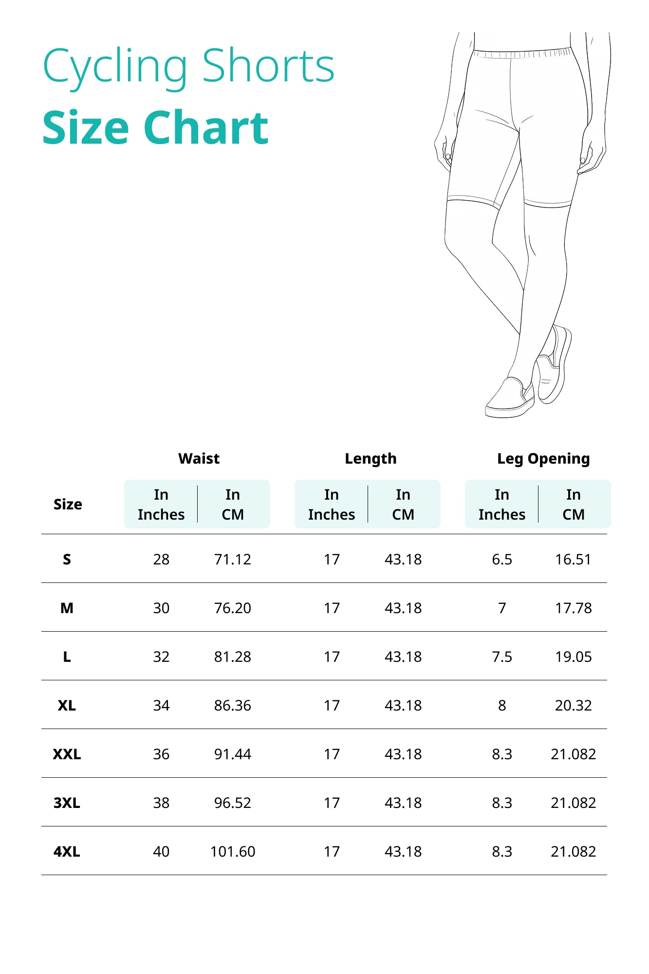 Size chart for Cycling Shorts for Women & Girls