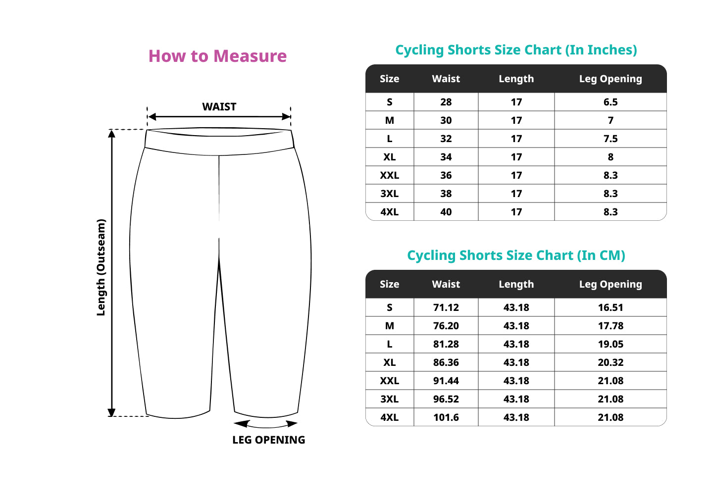Size chart for Cycling Shorts for Women & Girls