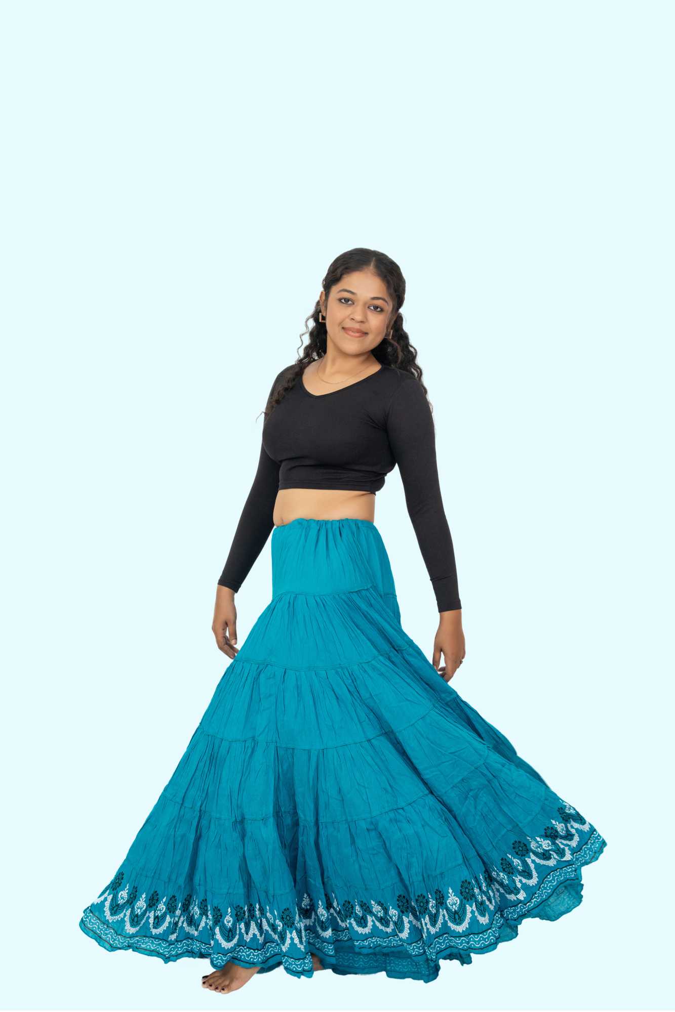 Turquoise Block Print 20Mtr Cotton Skirt