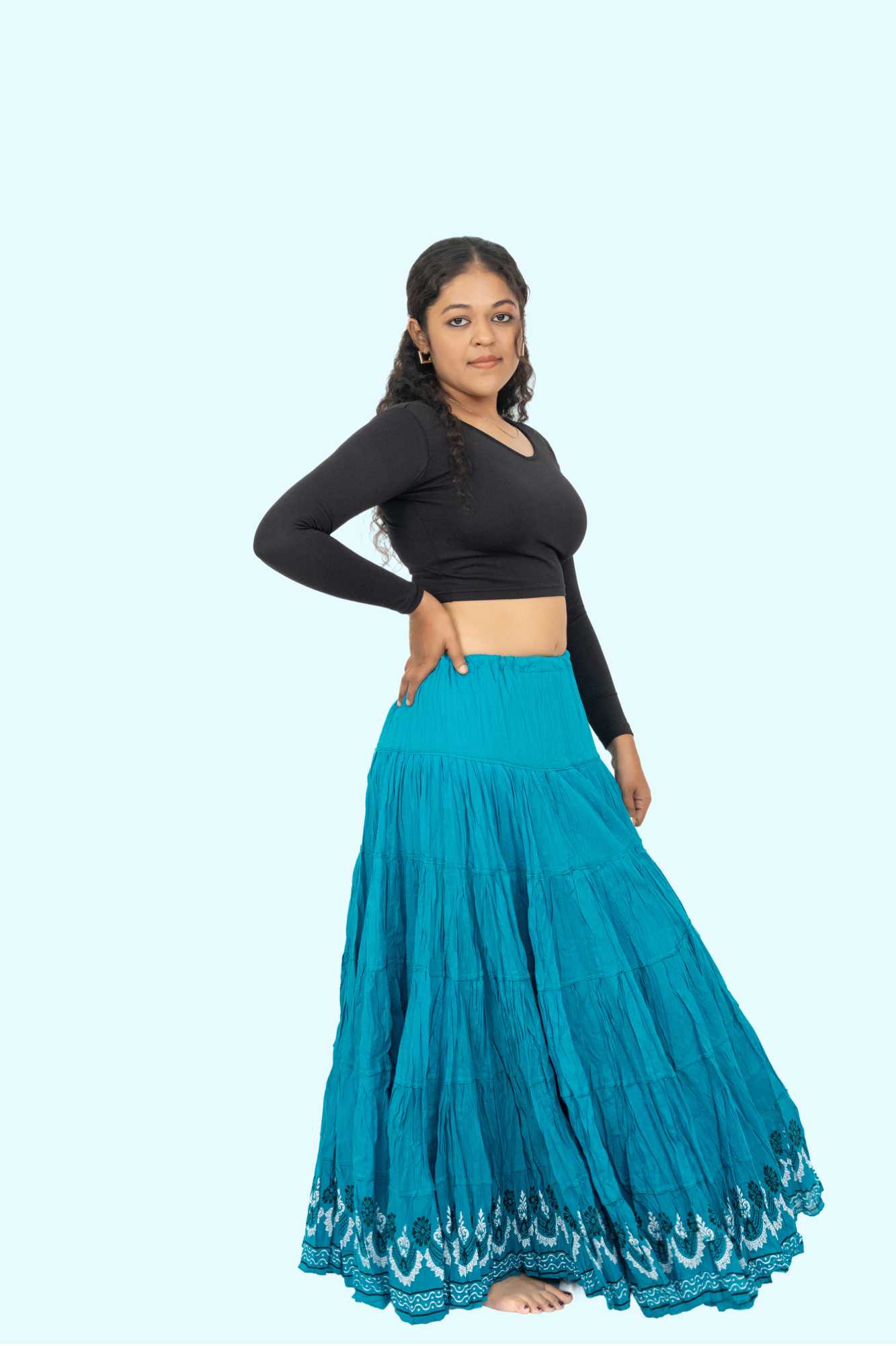 Turquoise Block Print 20Mtr Cotton Skirt