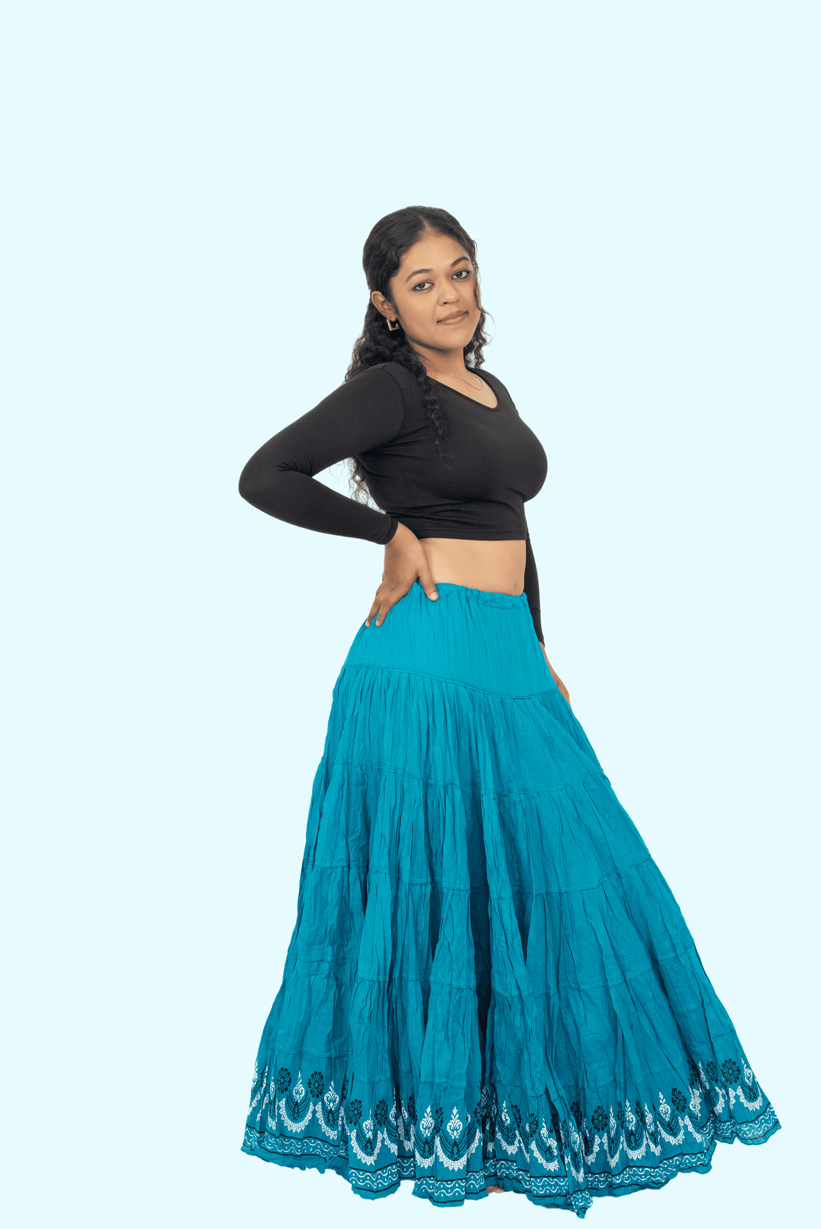 Turquoise Golden Block Print 20Mtr Skirt