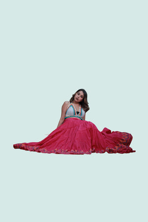 Pink Golden Block Print 20Mtr Skirt