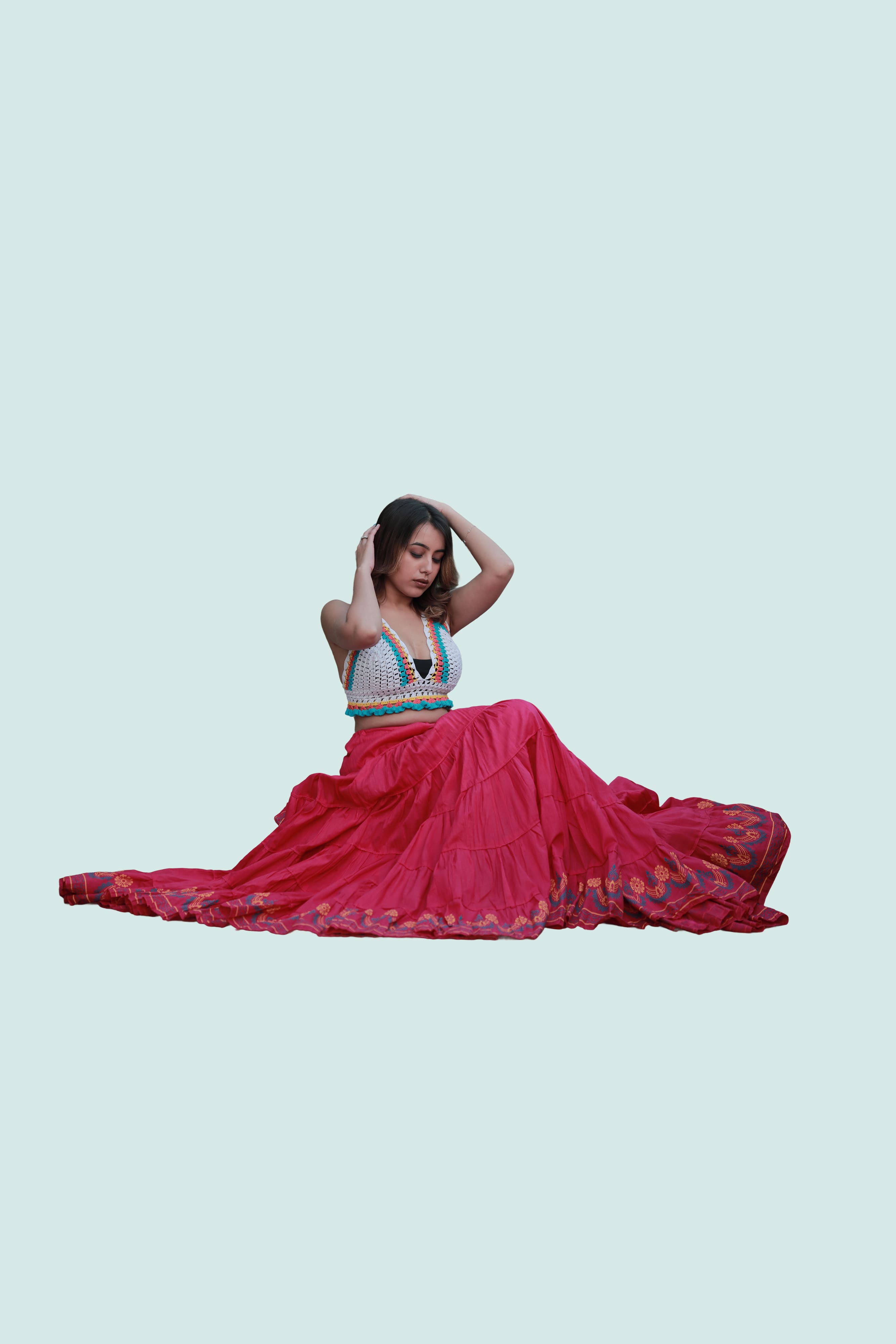 Pink Block Print 20Mtr Cotton Skirt