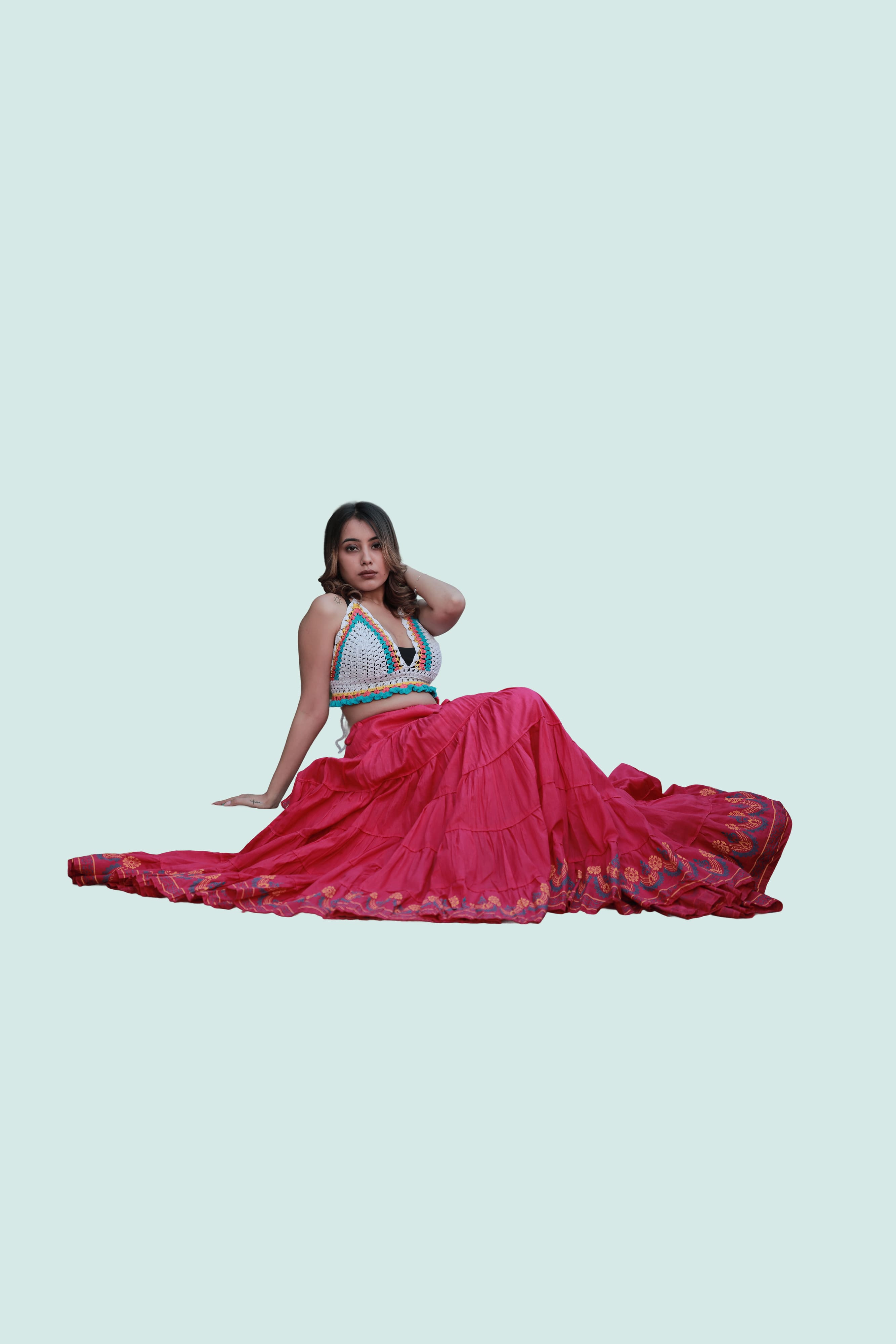 Pink Block Print 20Mtr Cotton Skirt