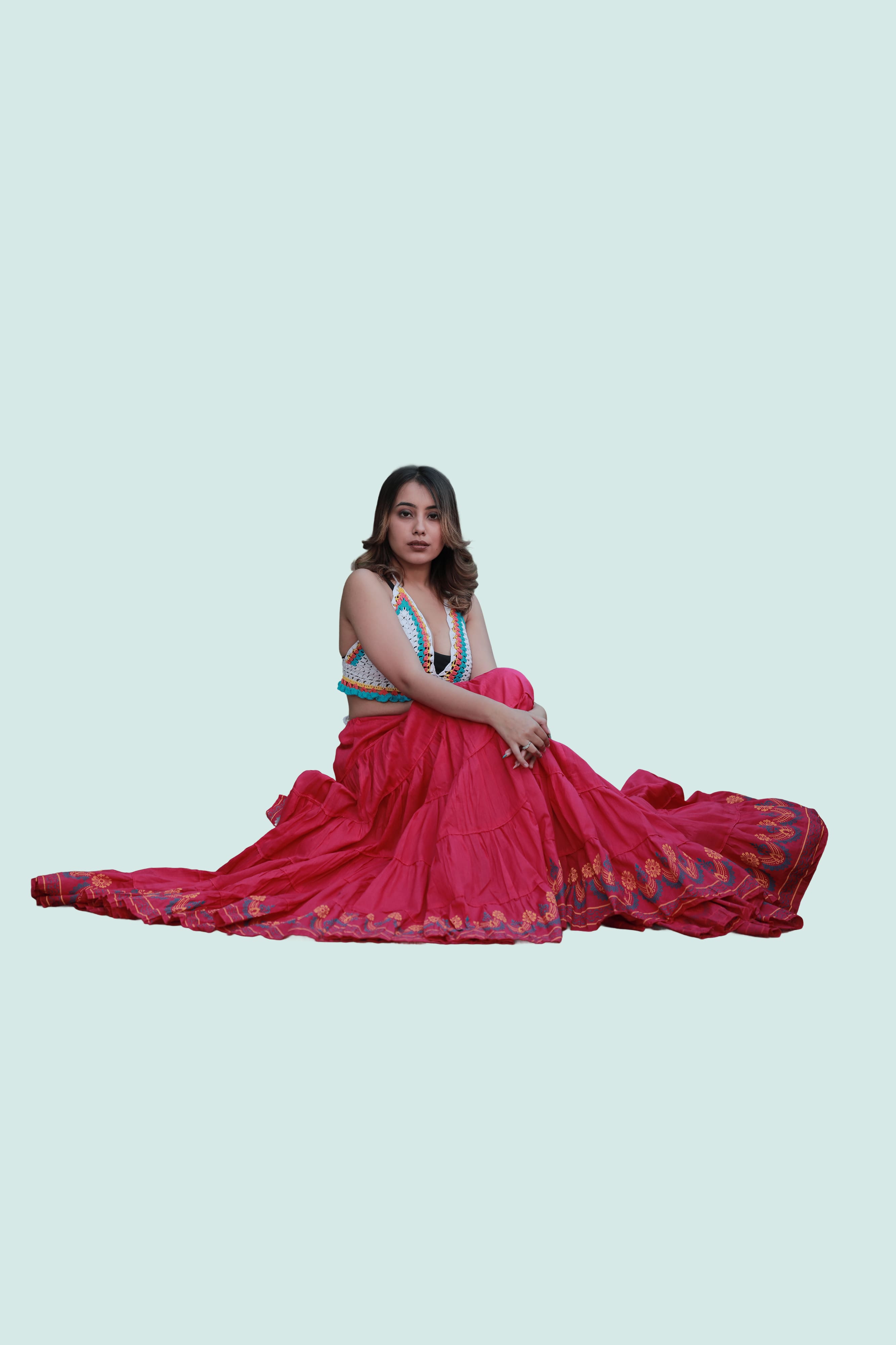 Pink Block Print 20Mtr Cotton Skirt