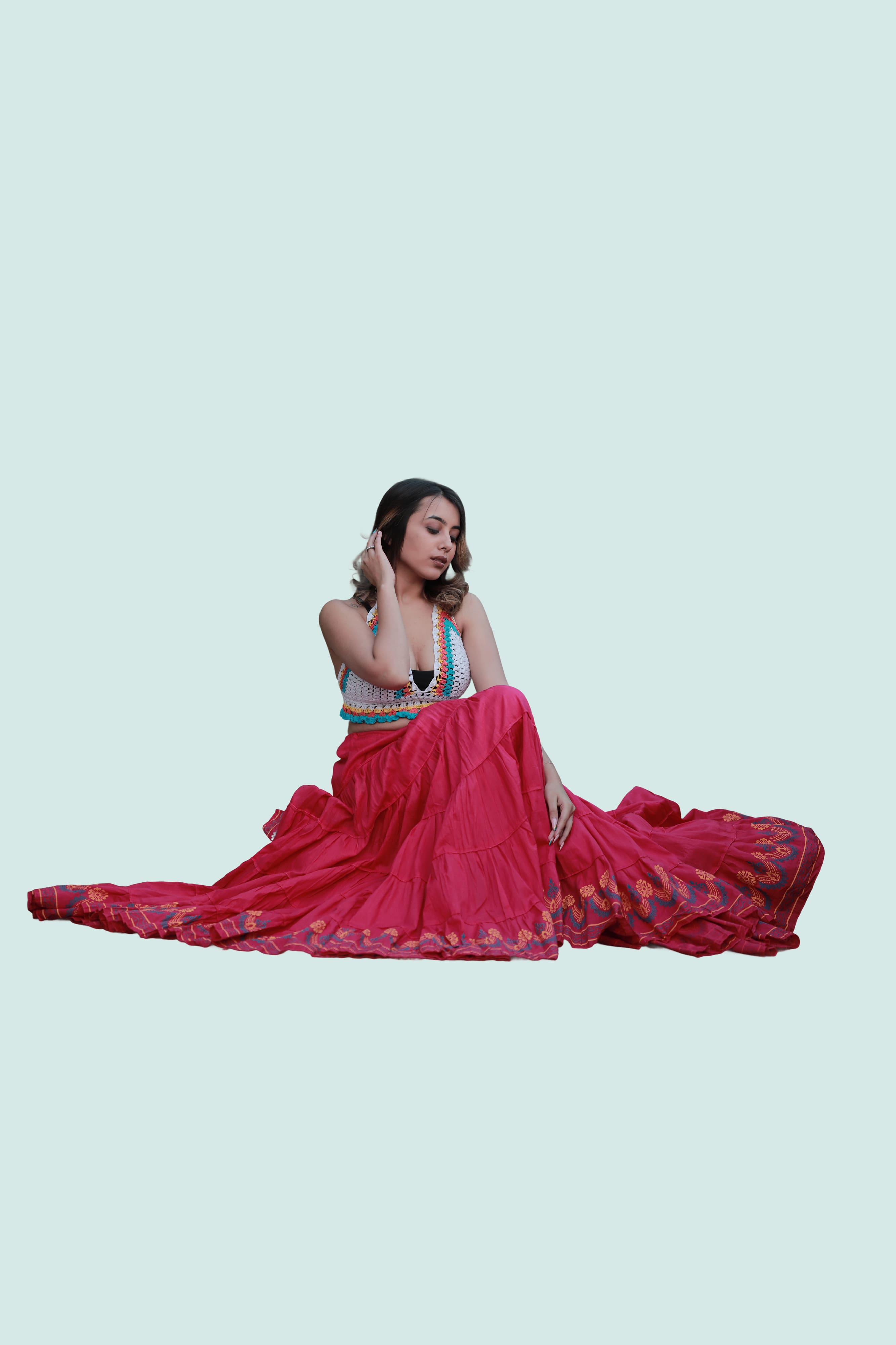 Pink Block Print 20Mtr Cotton Skirt