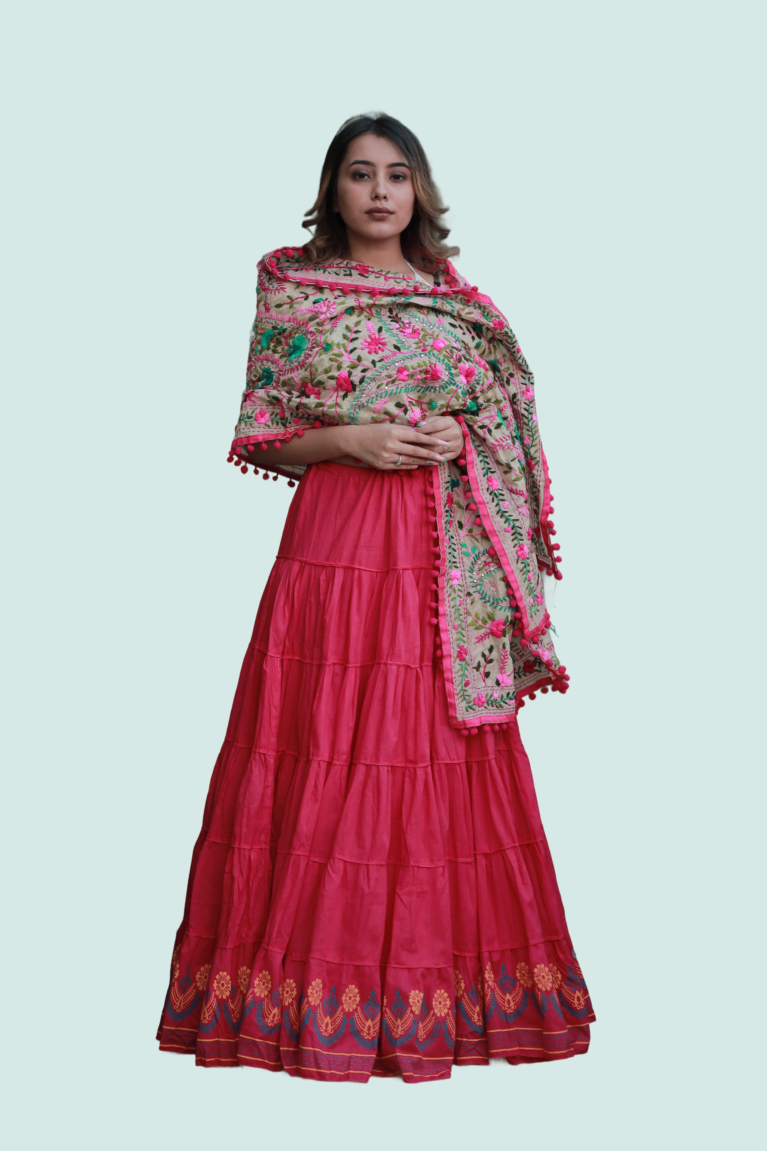 Pink Block Print 20Mtr Cotton Skirt