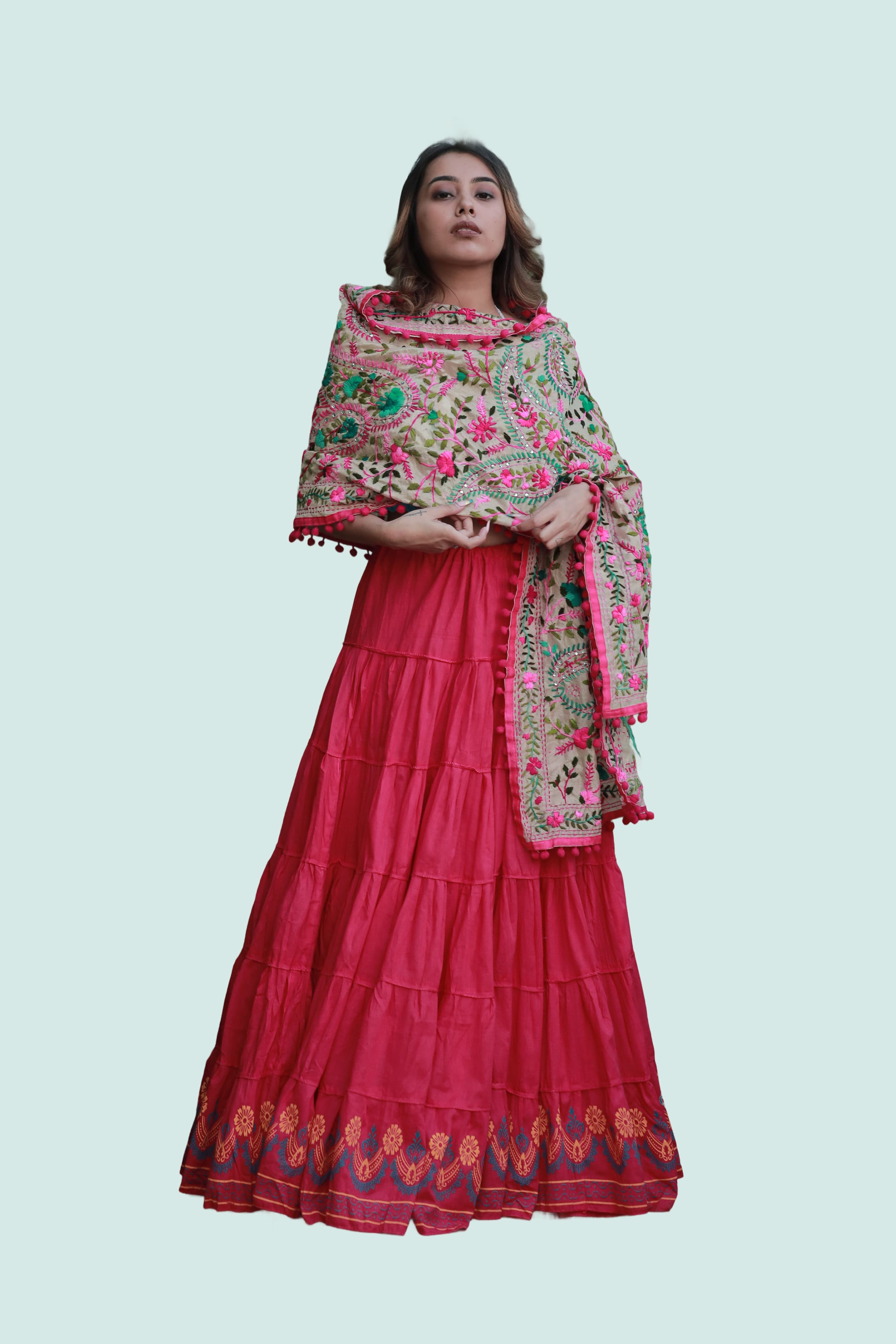 Pink Block Print 20Mtr Cotton Skirt