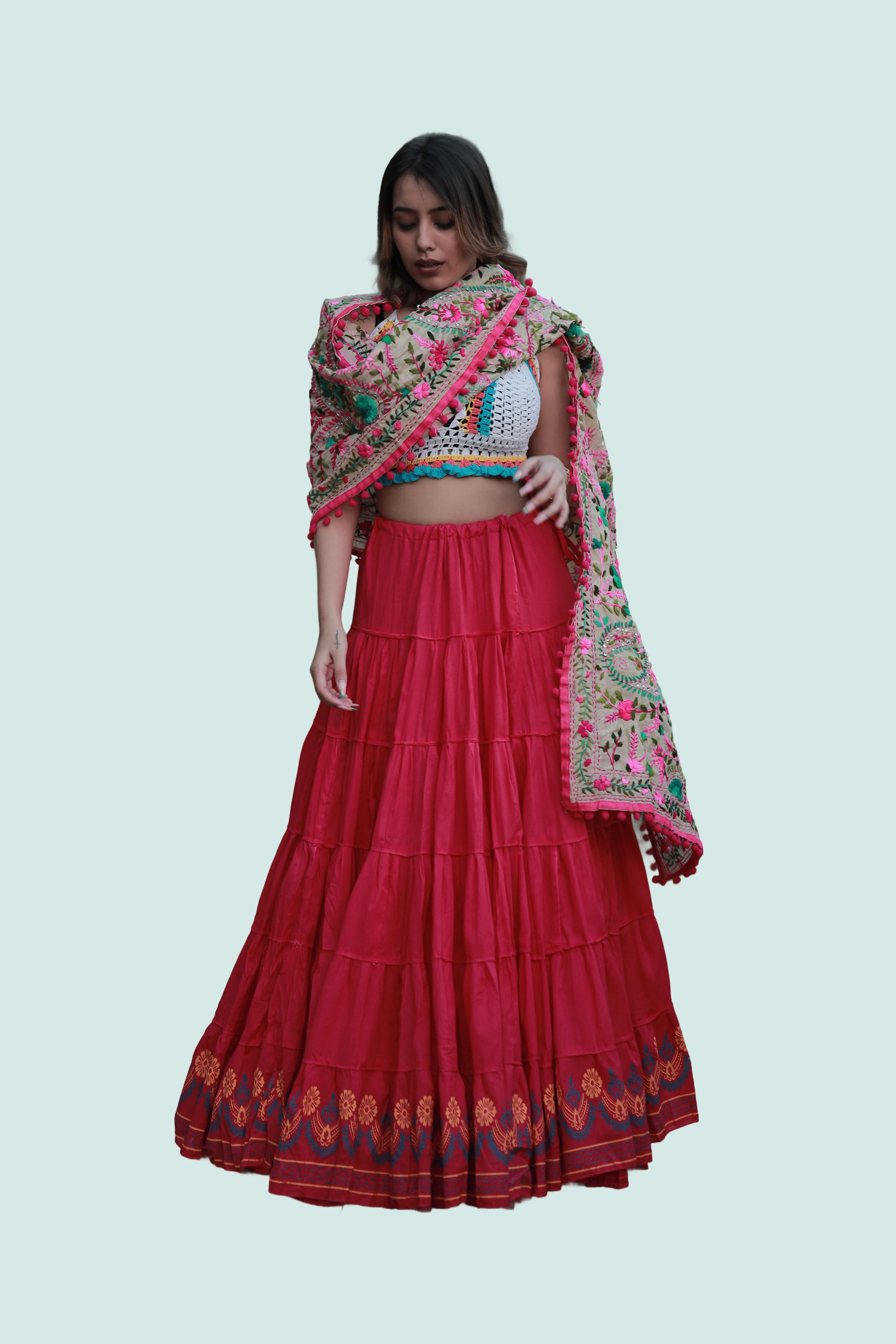Pink Block Print 20Mtr Cotton Skirt