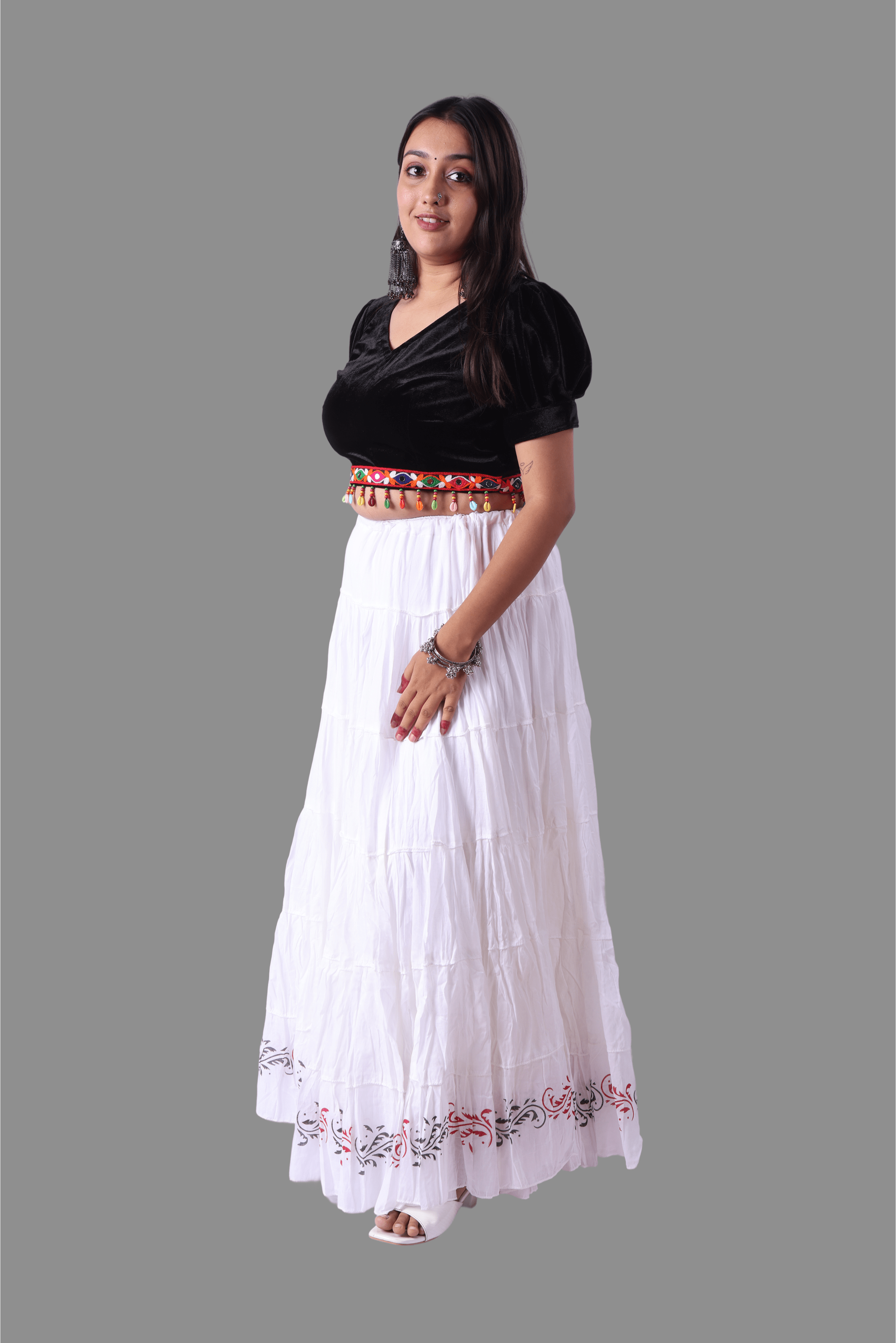 White Golden Block Print 20Mtr Skirt