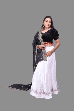 White Golden Block Print 20Mtr Skirt