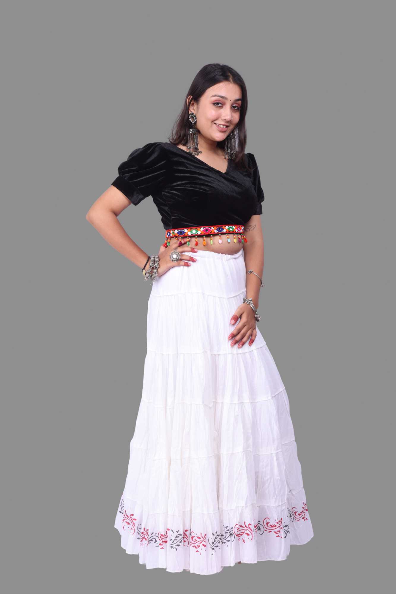 White Block Print 20Mtr Cotton Skirt