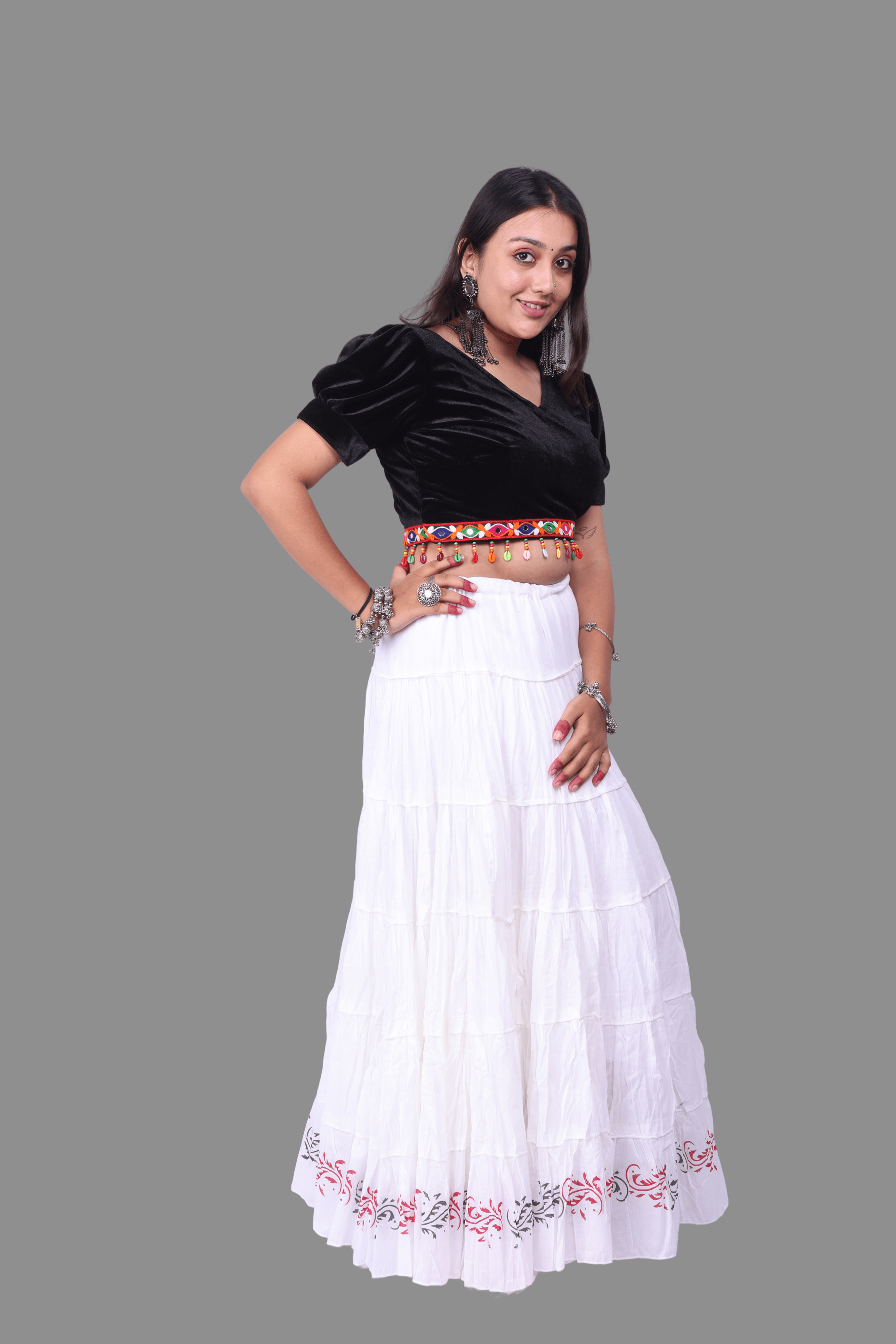 White Golden Block Print 20Mtr Skirt