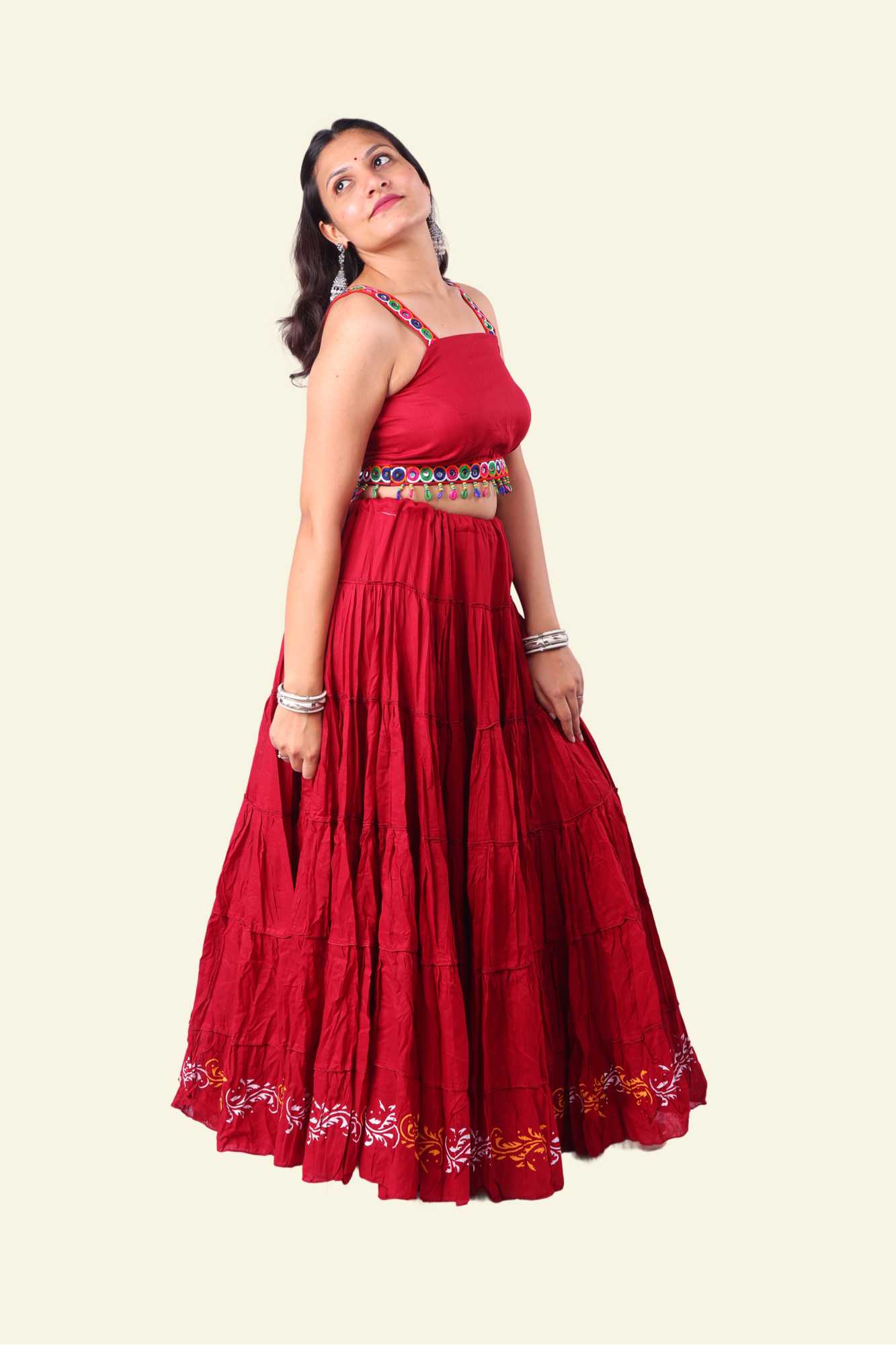 Red Block Print 20Mtr Cotton Skirt