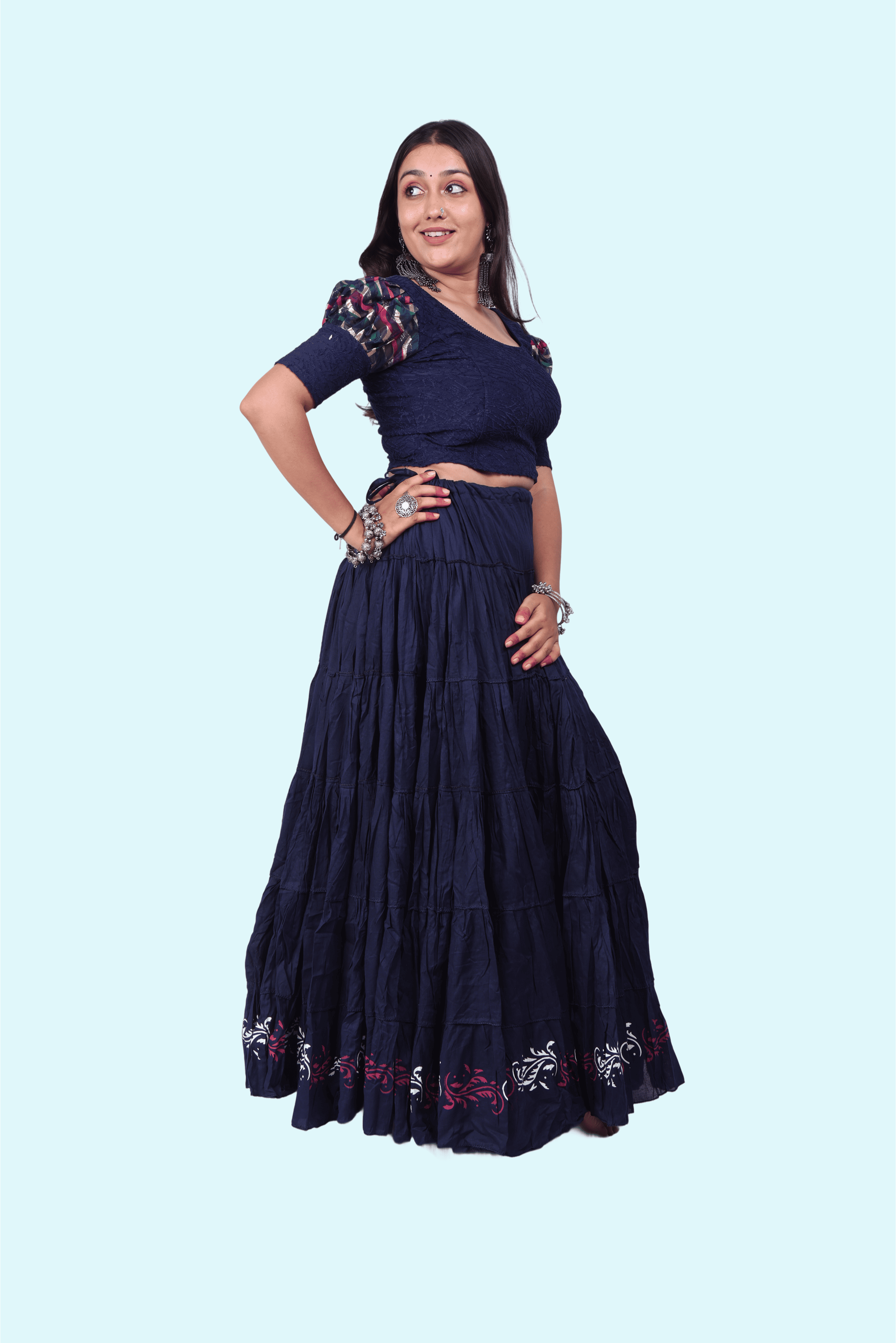 Navy Blue Cotton Golden Block Print Skirt