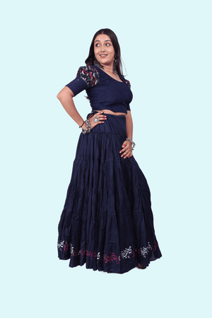 Navy Blue Cotton Golden Block Print Skirt