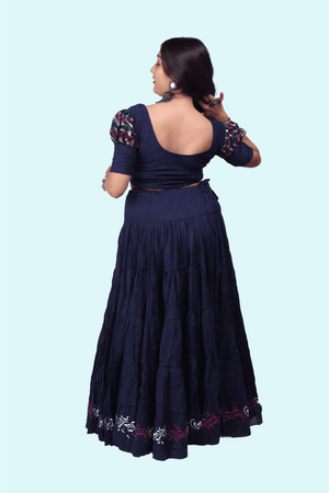 Navy Blue Cotton Golden Block Print Skirt