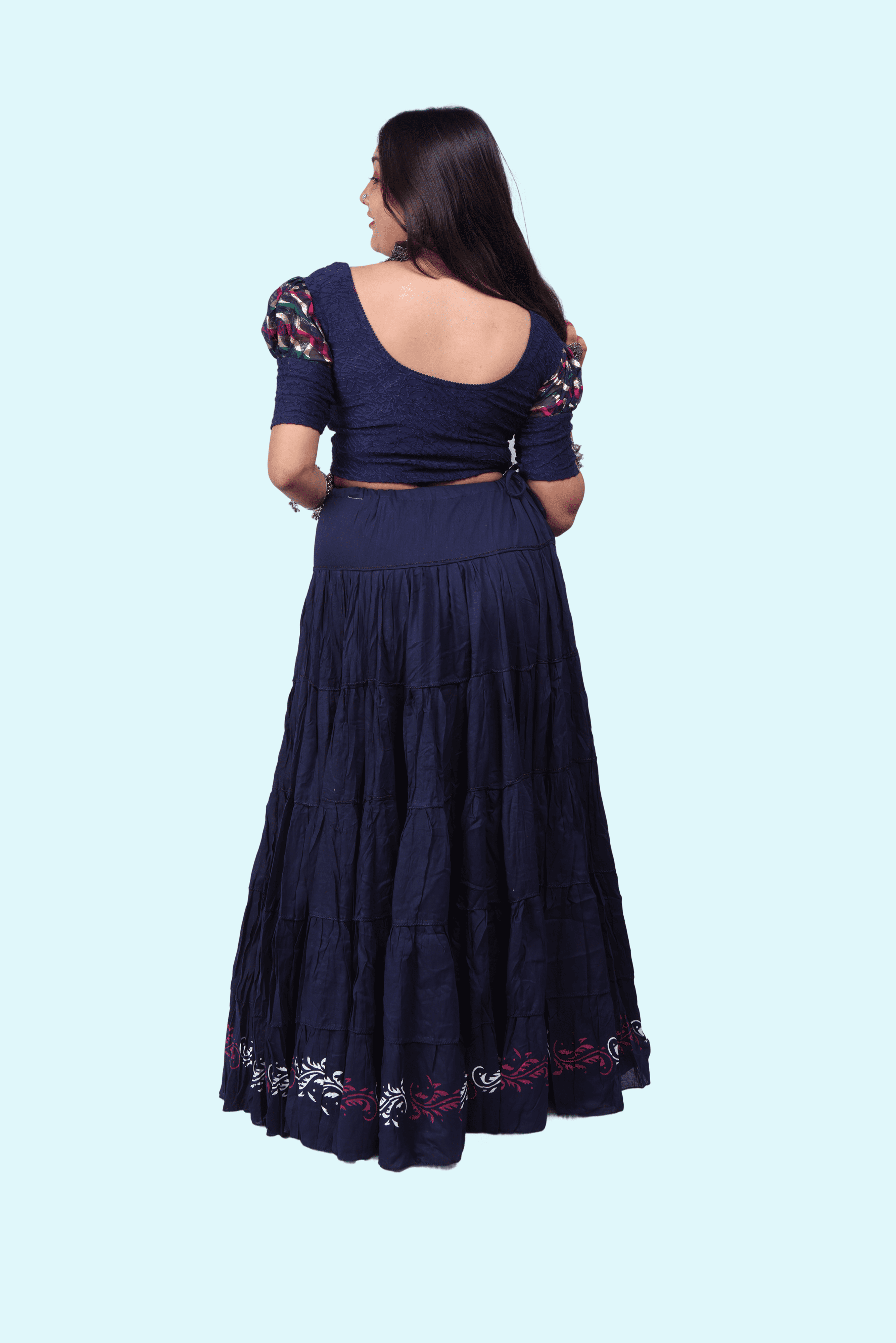Navy Blue Block Print 20Mtr Cotton Skirt
