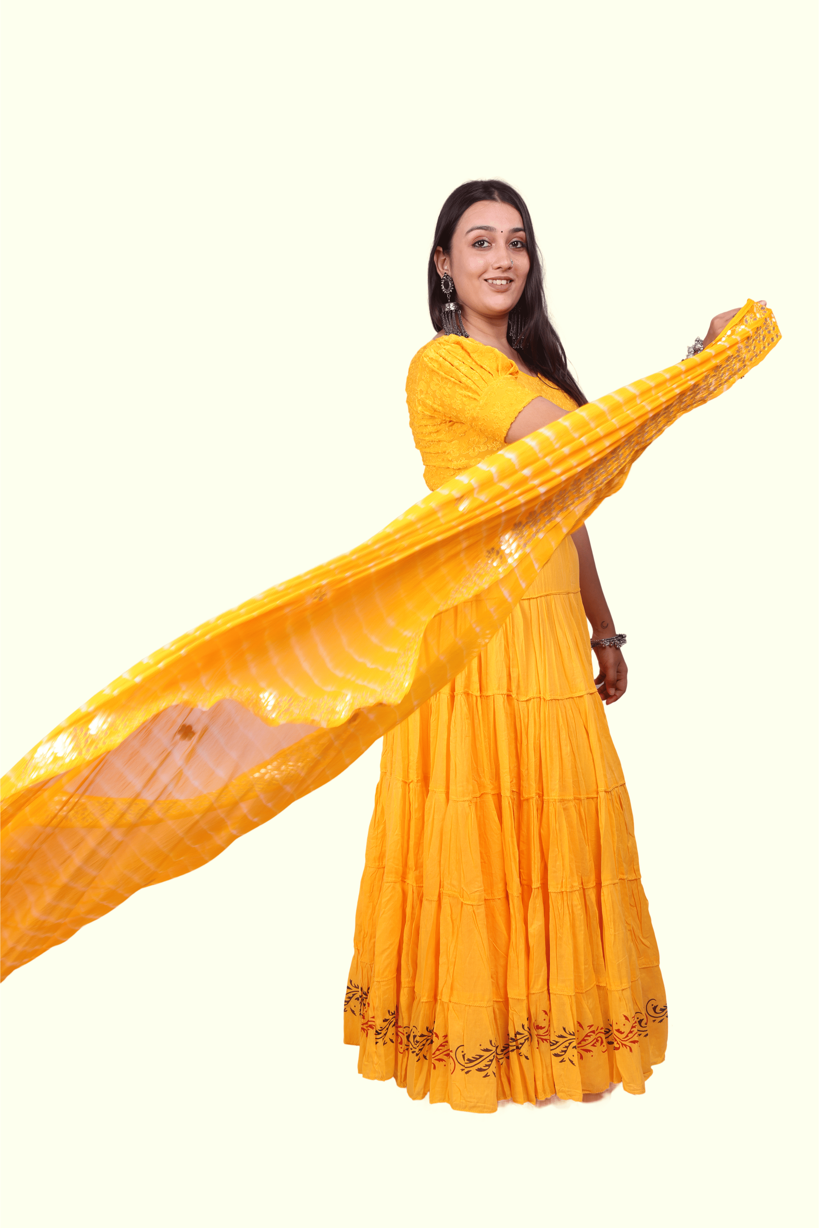 Yellow Golden Block Print 20Mtr Skirt