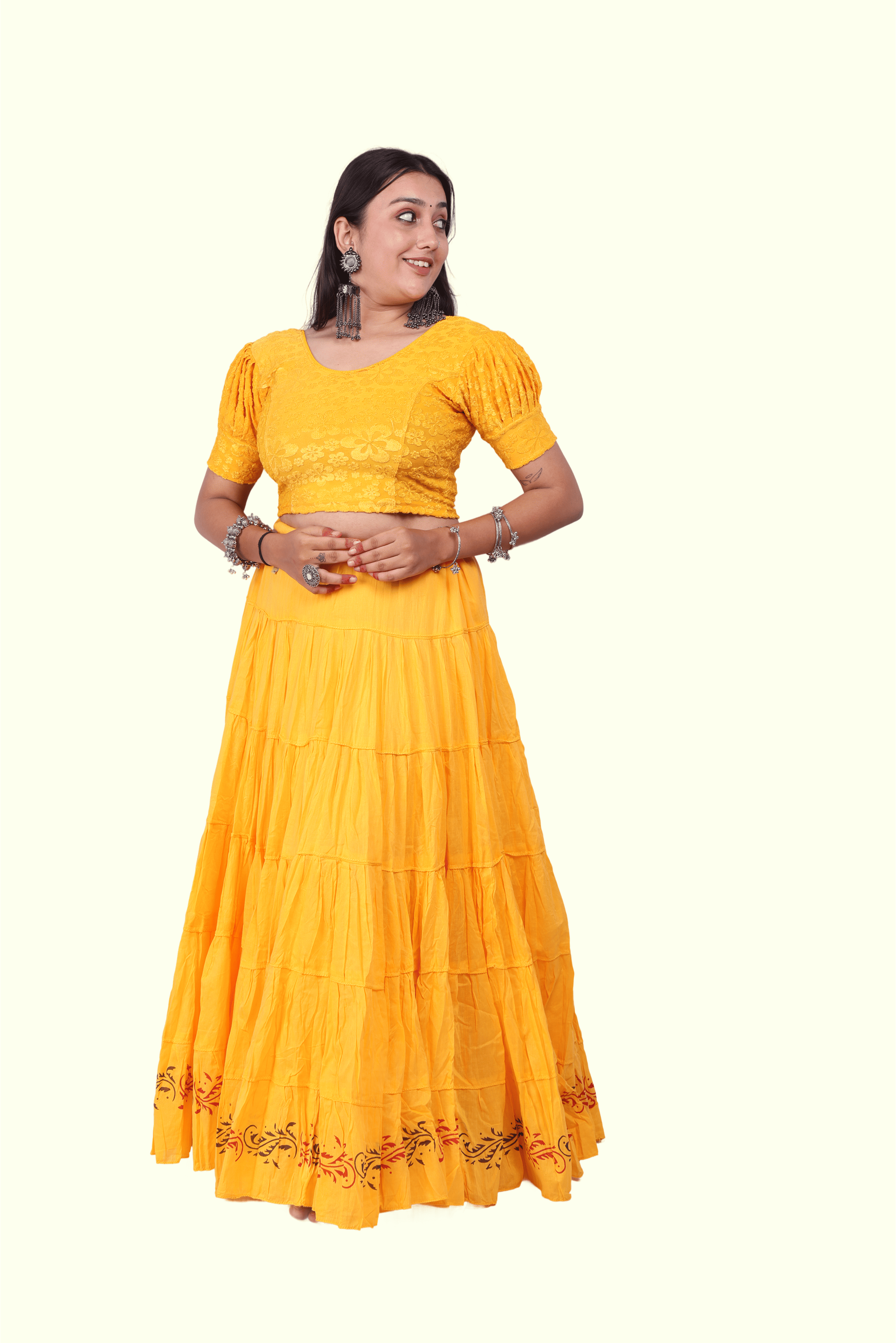 Yellow Golden Block Print 20Mtr Skirt