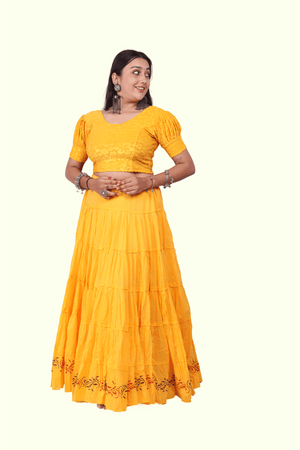 Yellow Golden Block Print 20Mtr Skirt