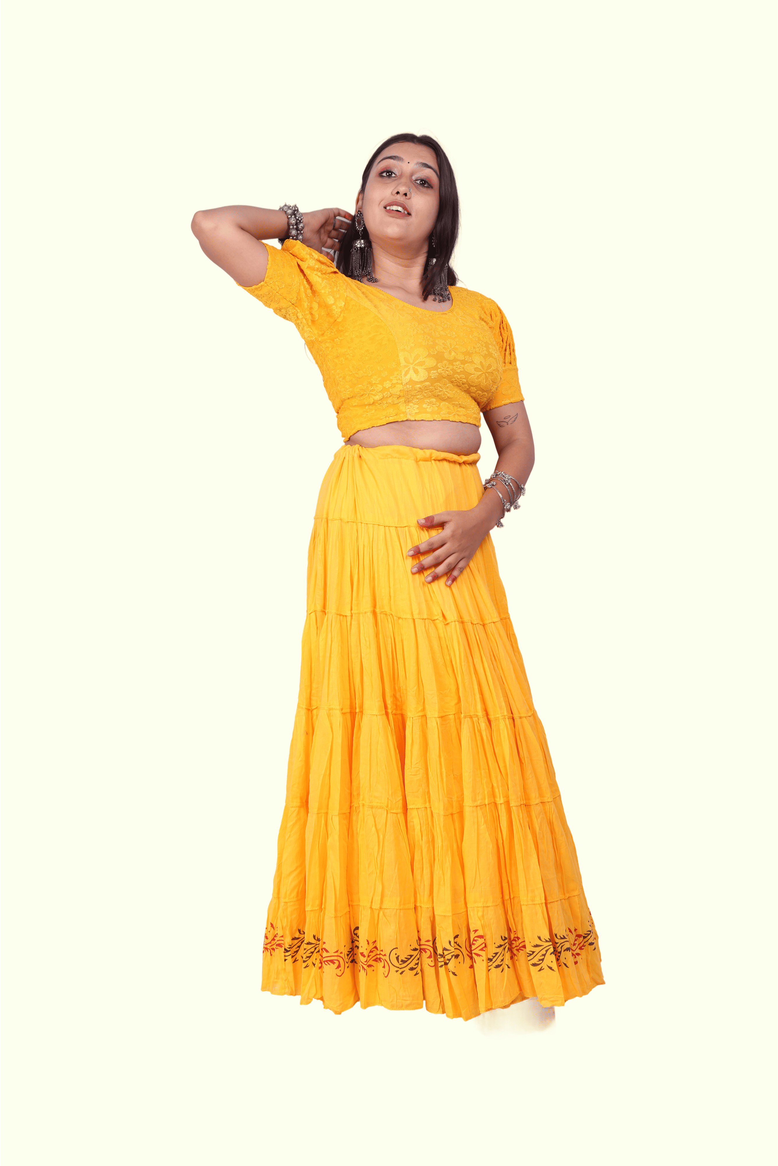 Yellow Golden Block Print 20Mtr Skirt
