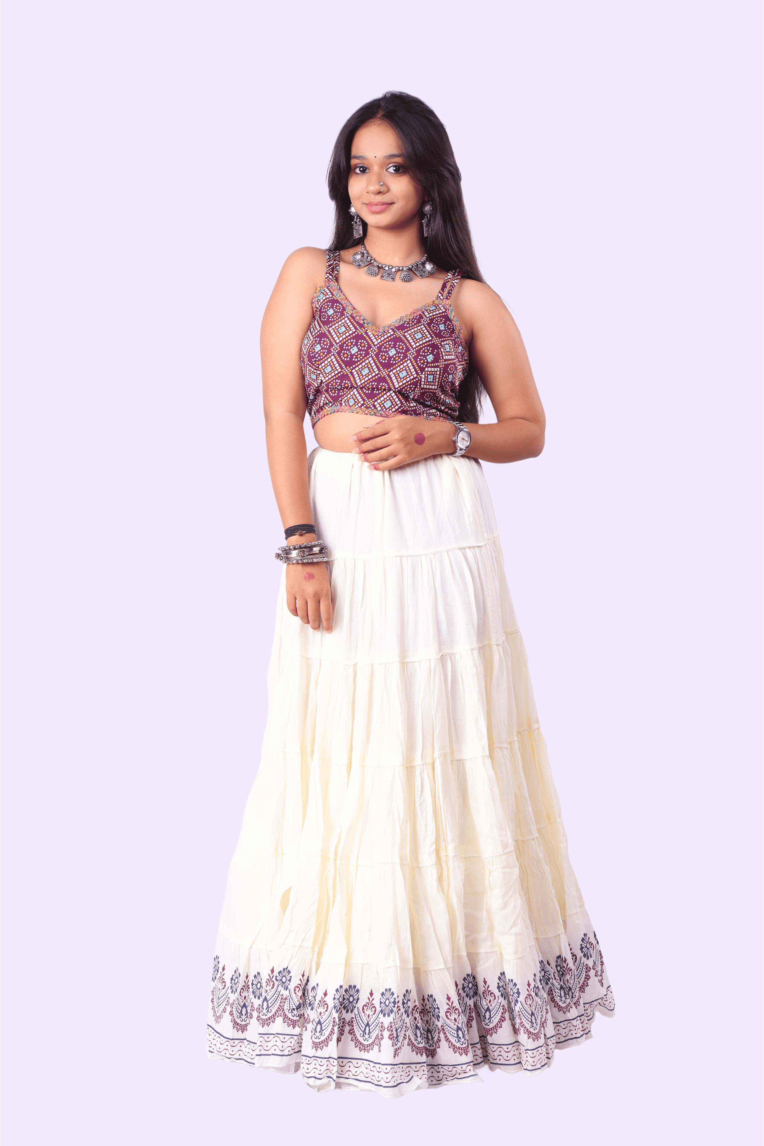 Cream Golden Block Print 20Mtr Skirt