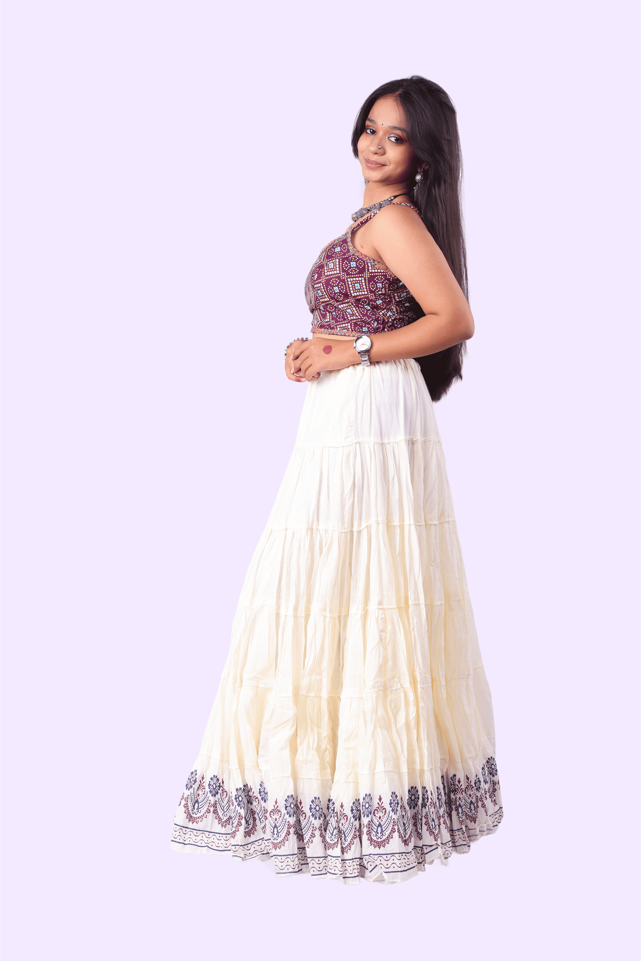 Cream Golden Block Print 20Mtr Skirt