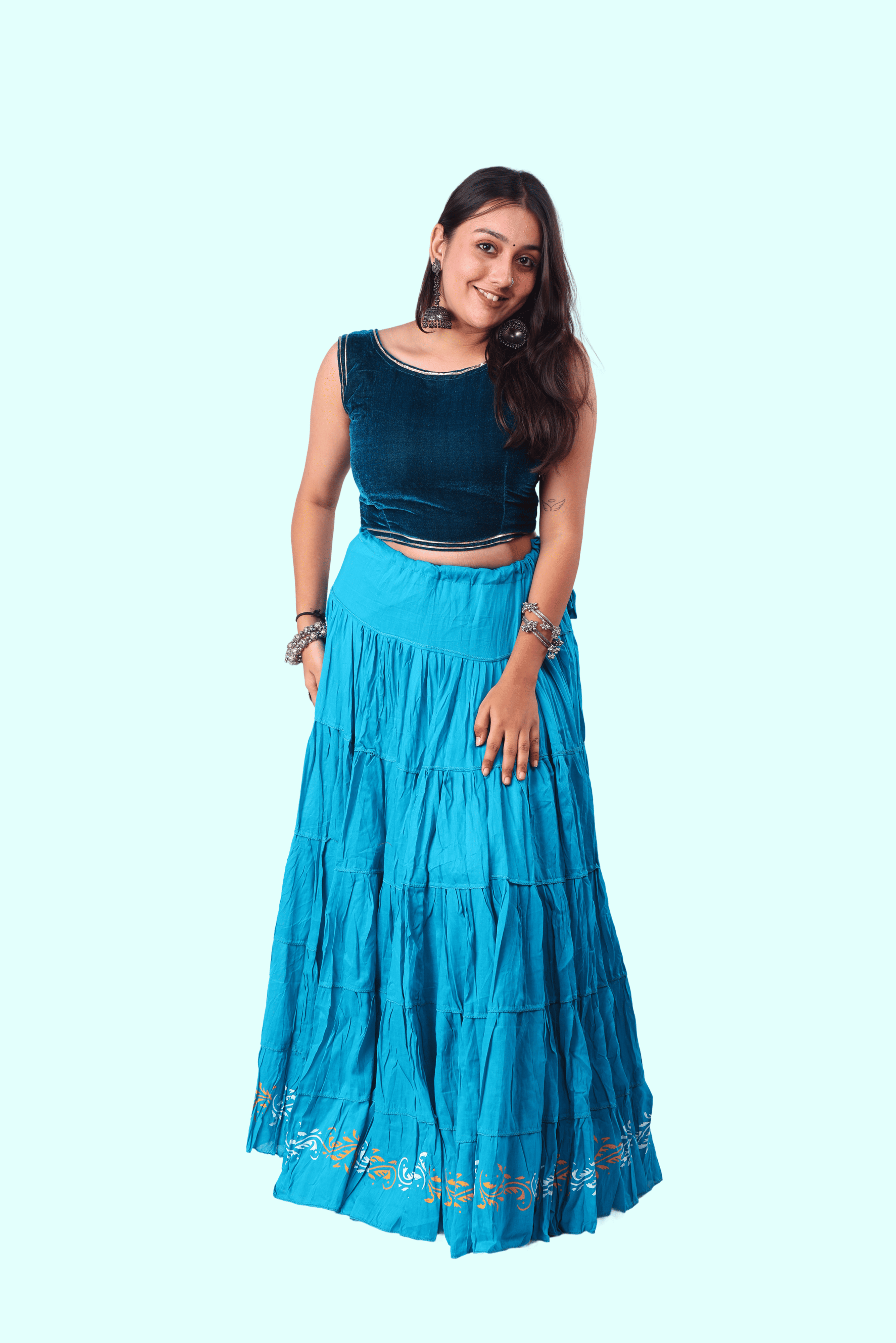 Blue Golden Block Print 20Mtr Skirt