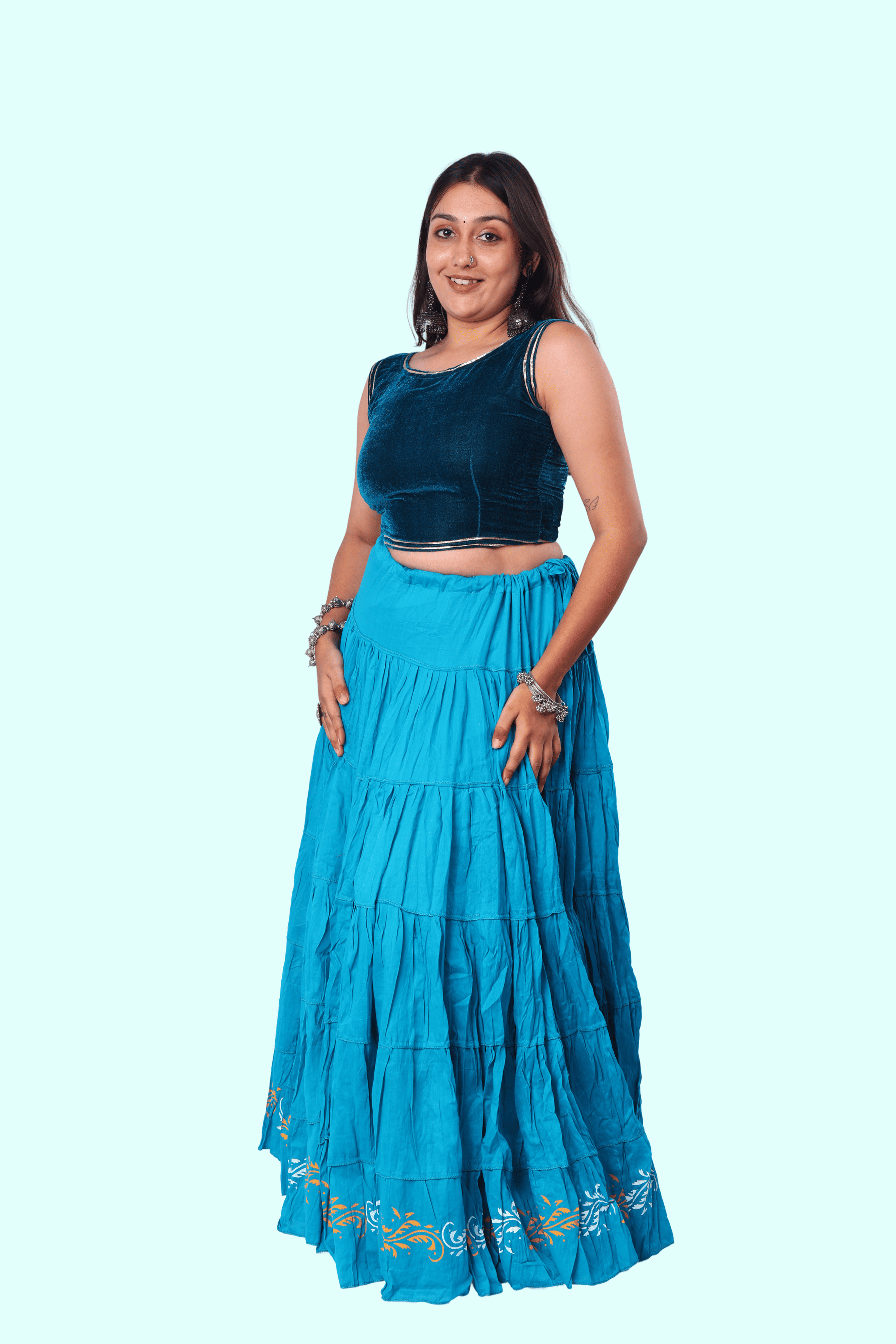 Blue Golden Block Print 20Mtr Skirt