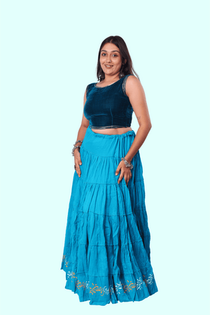 Blue Golden Block Print 20Mtr Skirt