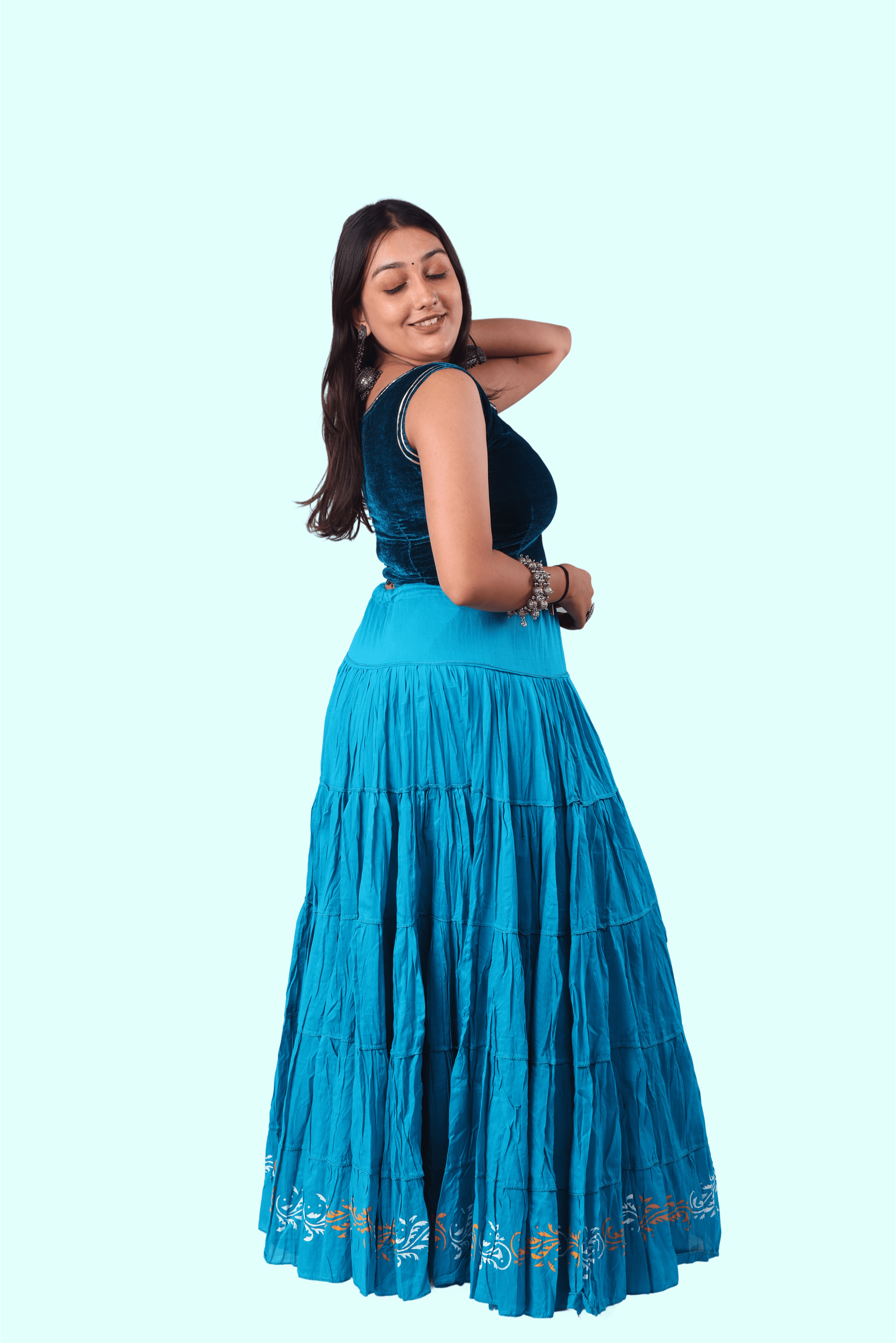 Blue Golden Block Print 20Mtr Skirt