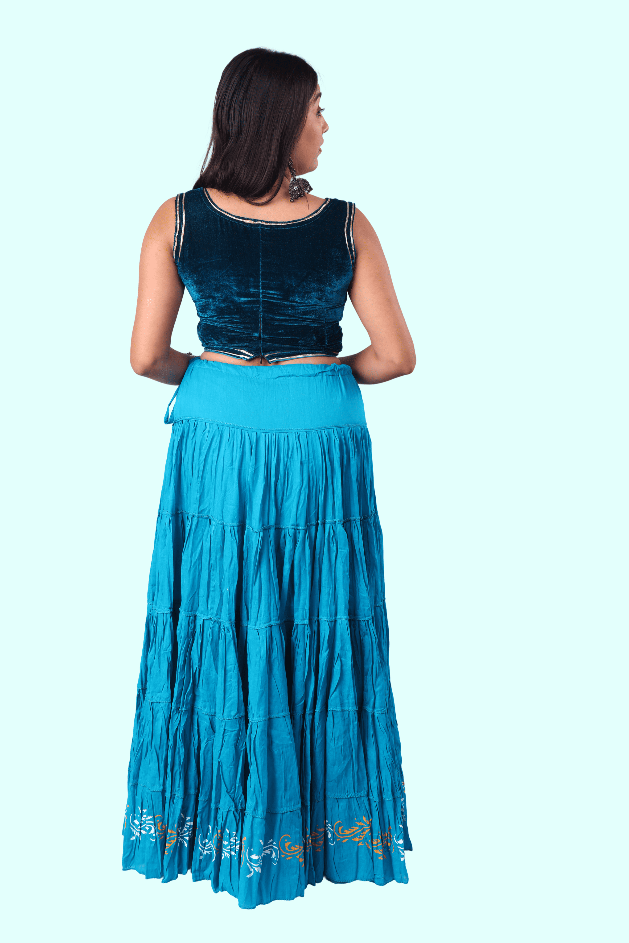 Blue Golden Block Print 20Mtr Skirt