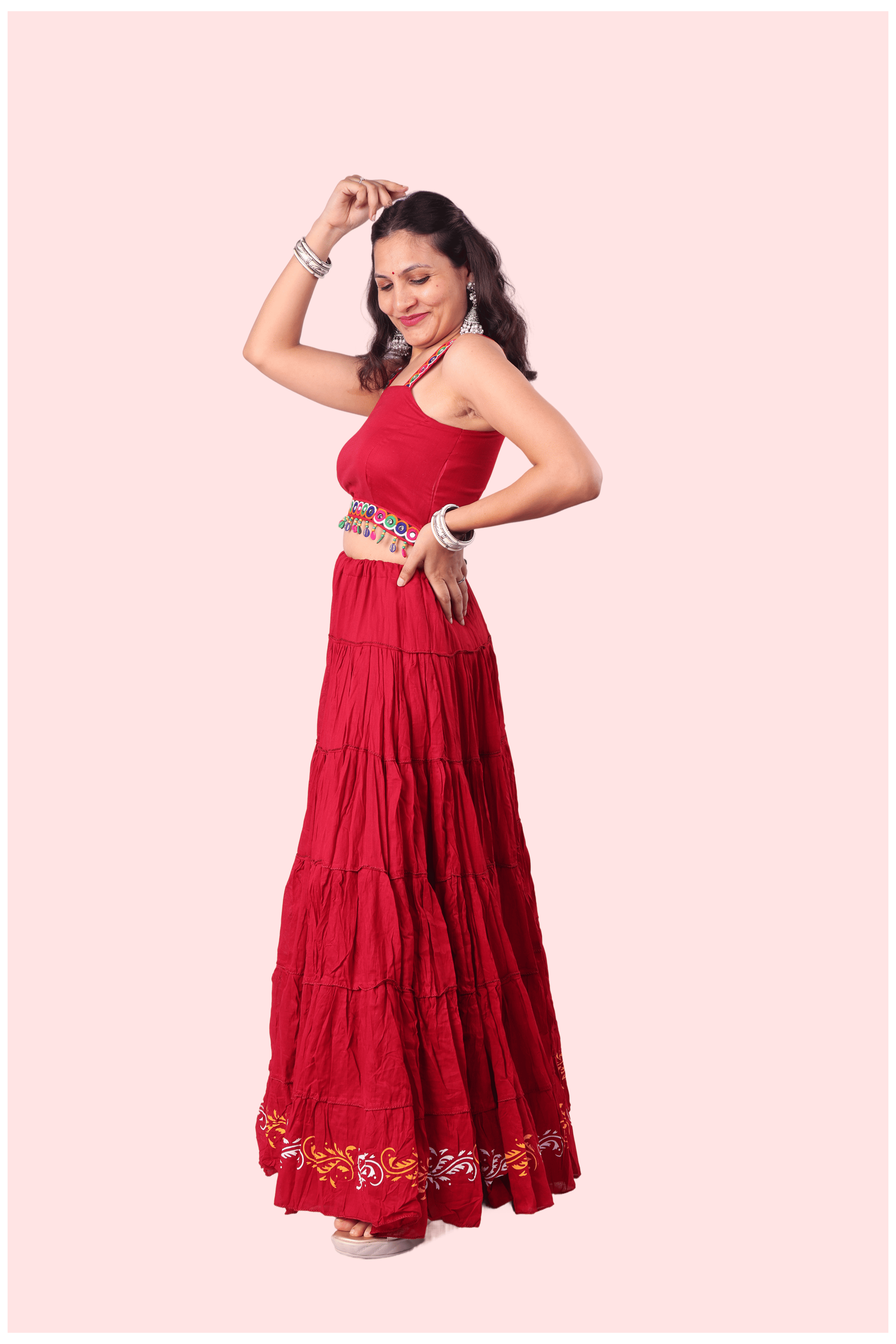 Maroon Golden Block Print 20Mtr Skirt